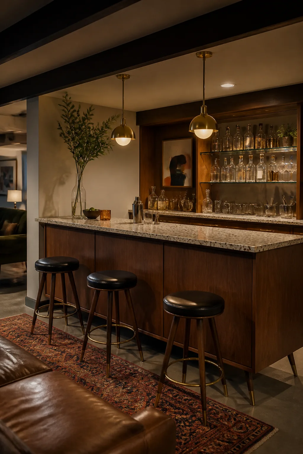 Mid-century modern basement bar in walnut with terrazzo counter and brass pendants