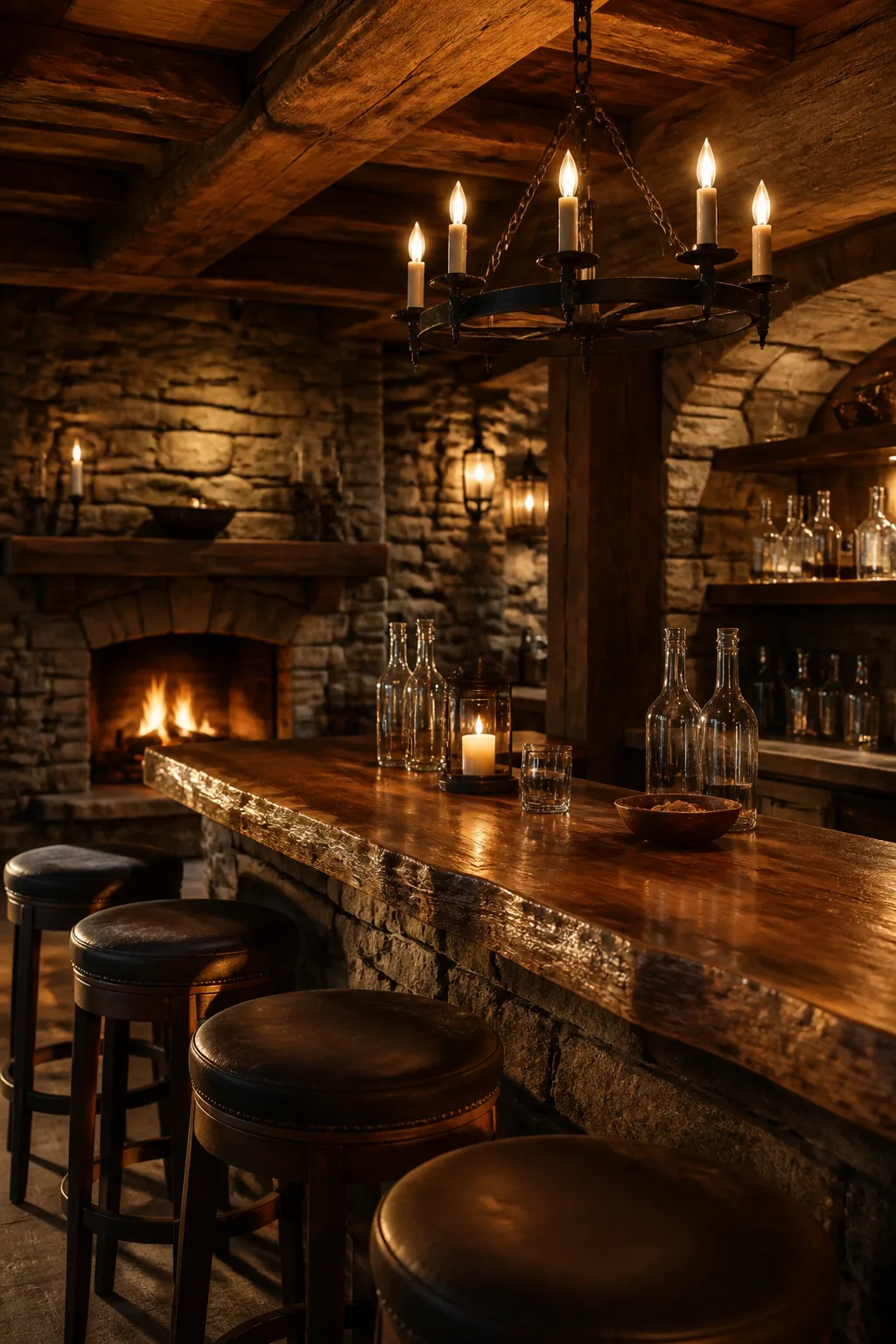 Rustic basement tavern bar with dry-stacked stone wall and heavy timber bar top