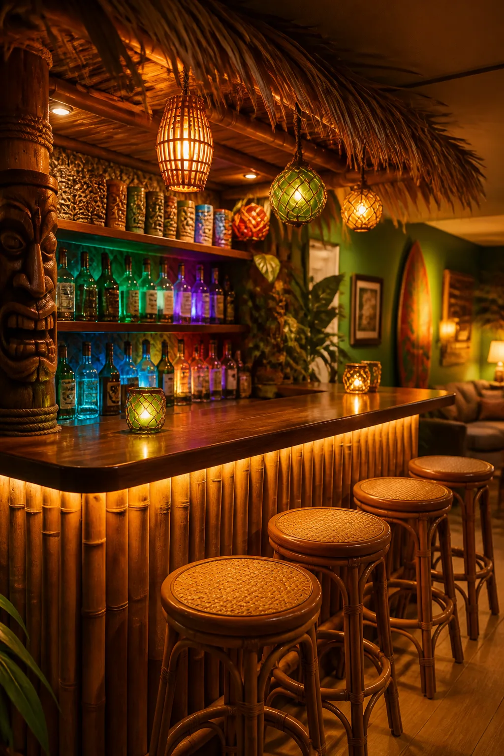 Tiki-themed basement bar with bamboo front, thatch roof, and carved tiki mugs