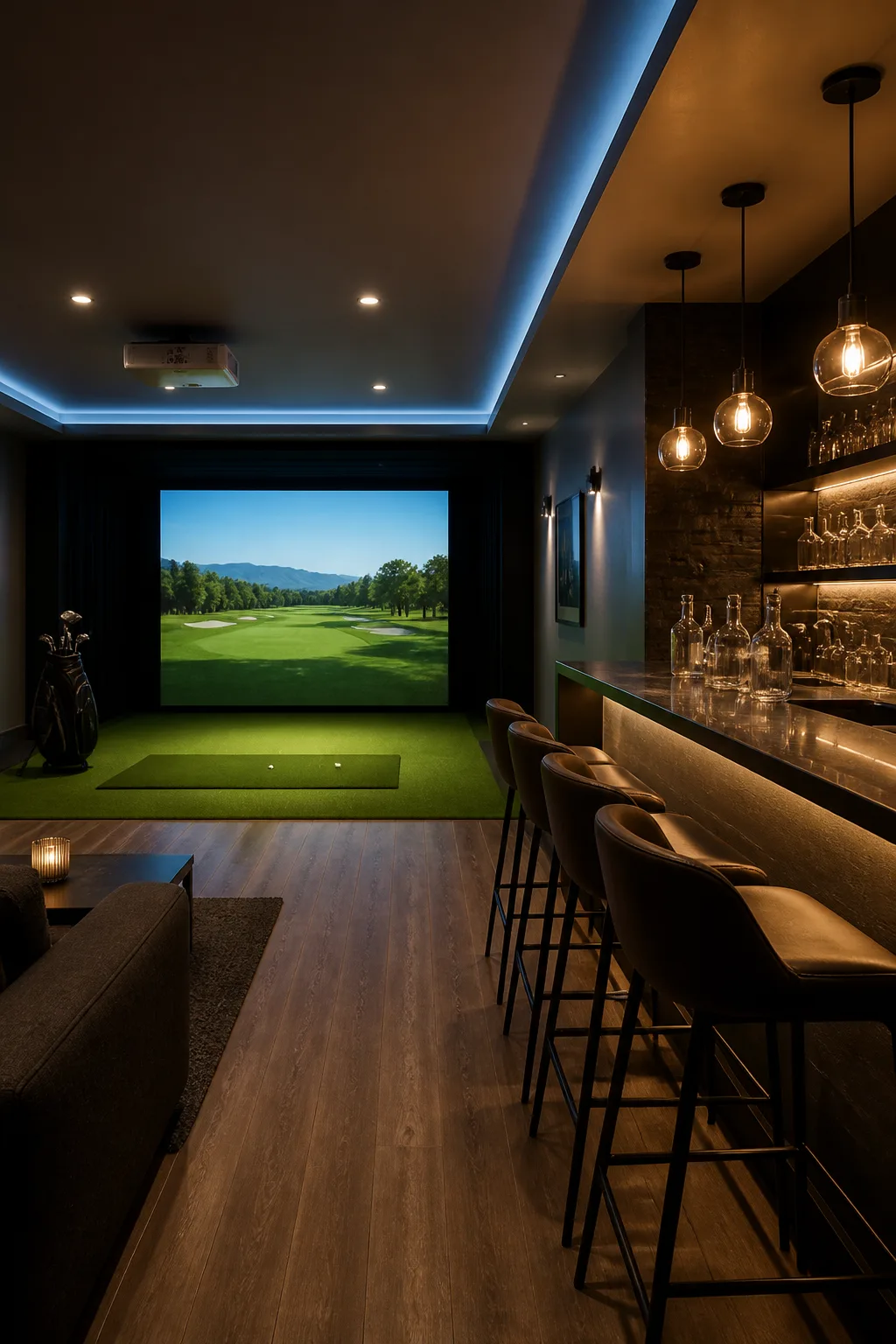 Basement golf simulator room with a bar along the side wall facing the screen
