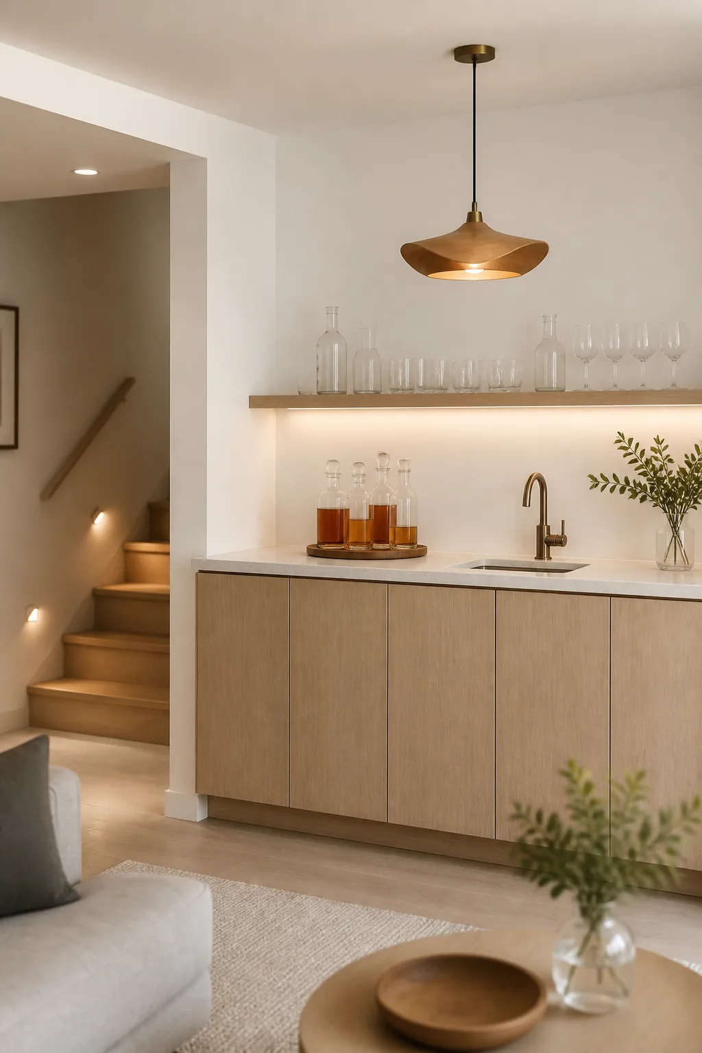 Minimalist Scandinavian basement dry bar in pale oak with a single open shelf