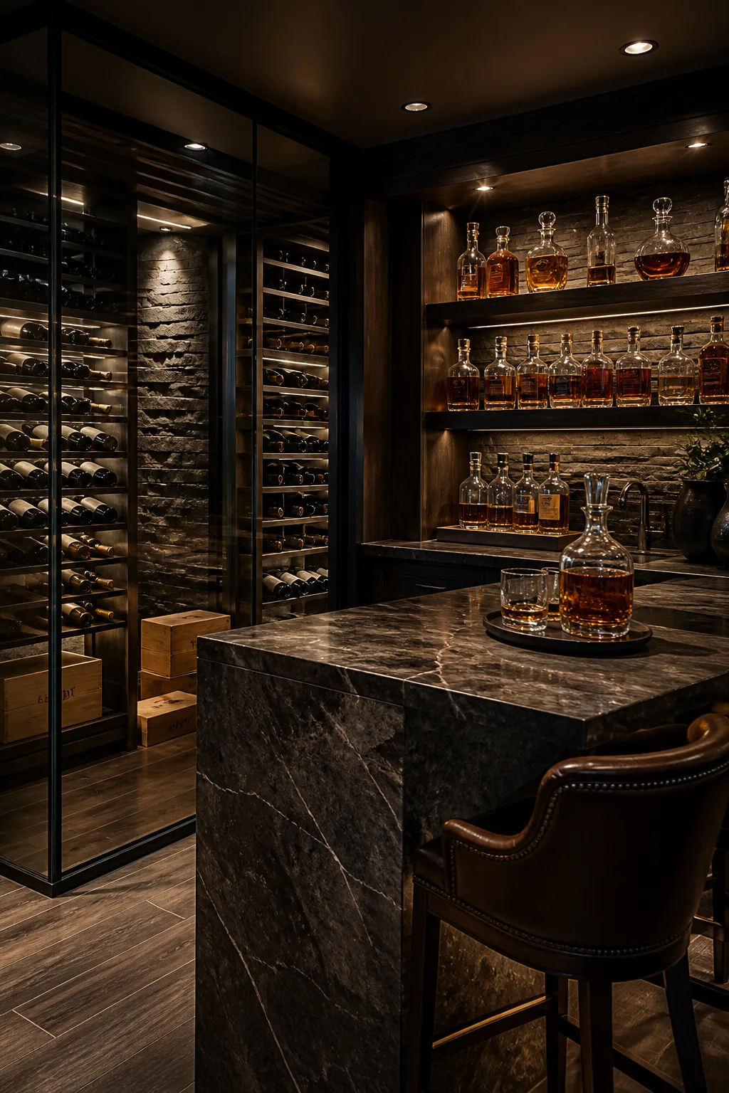 Basement bar beside a glass-enclosed wine cellar with dark cabinetry and stone counter