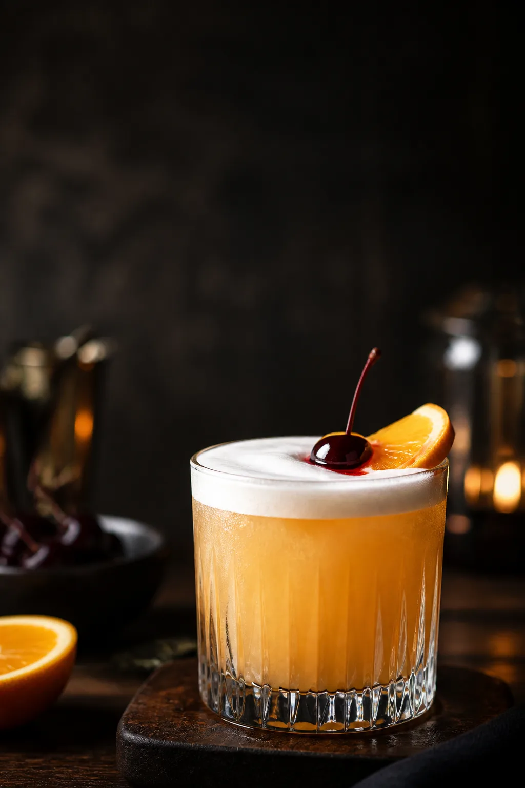 Whiskey sour in a rocks glass with a silky foam top and a cherry