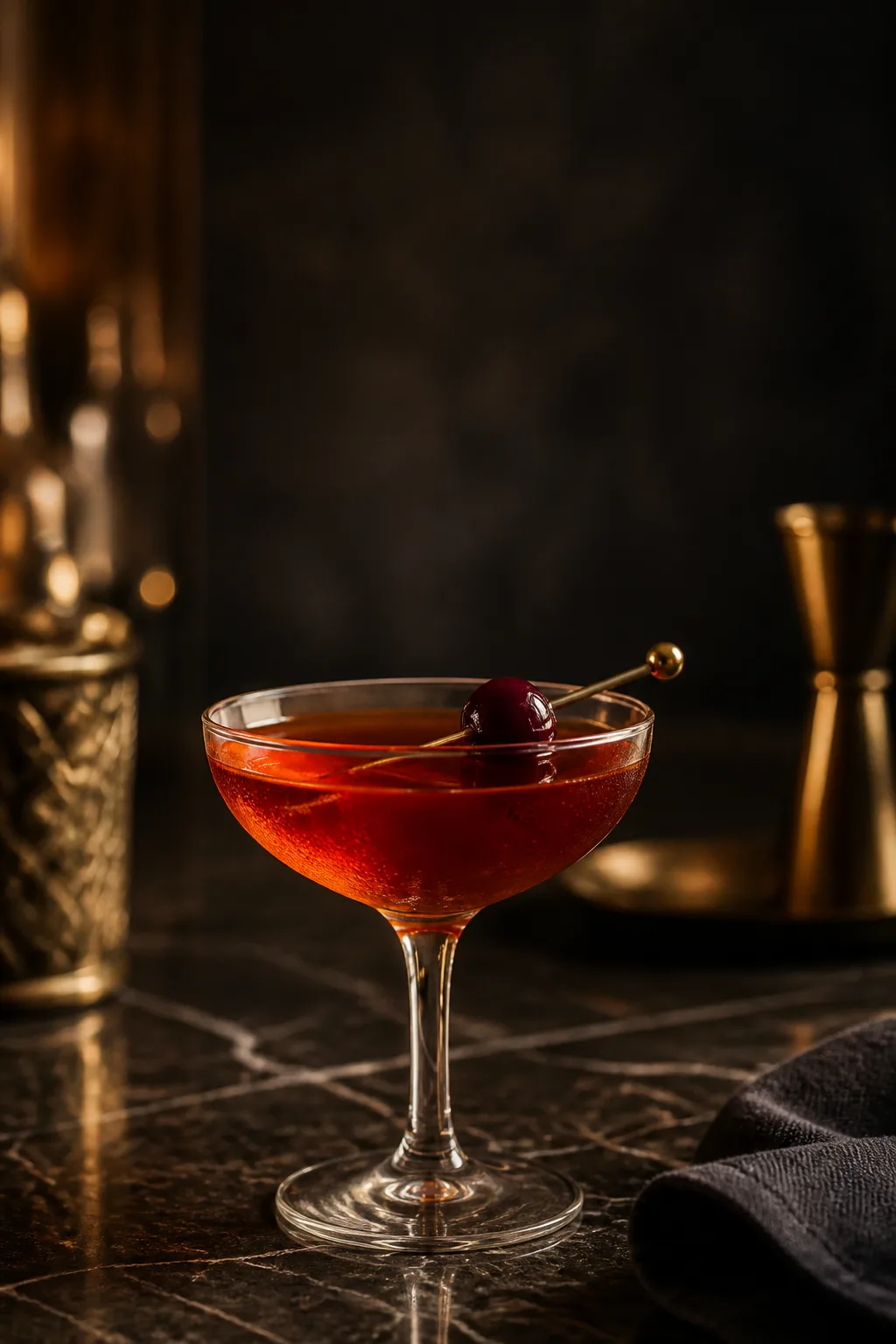 Manhattan in a coupe glass with a brandied cherry