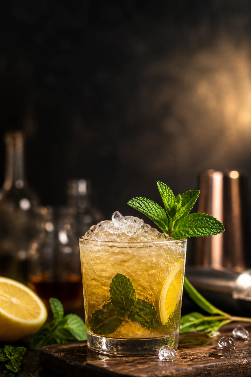 Bourbon smash in a rocks glass with crushed ice, mint, and lemon