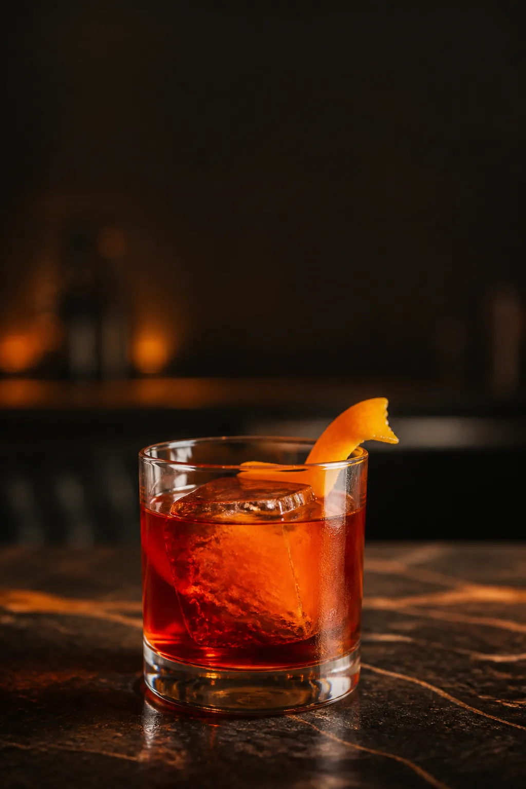 Boulevardier in a rocks glass over a large ice cube with an orange twist