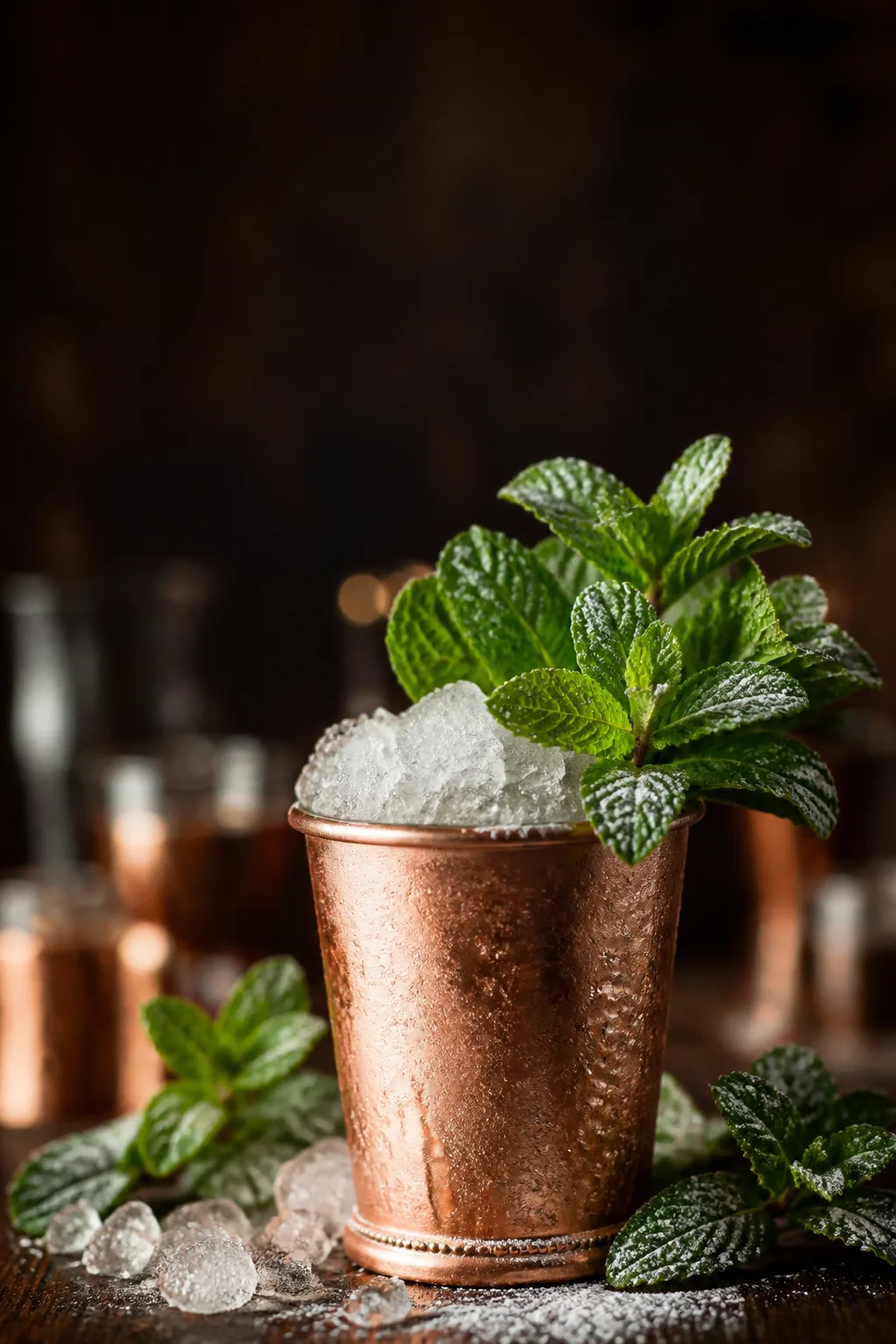 Mint julep in a frosted copper cup overflowing with crushed ice and mint