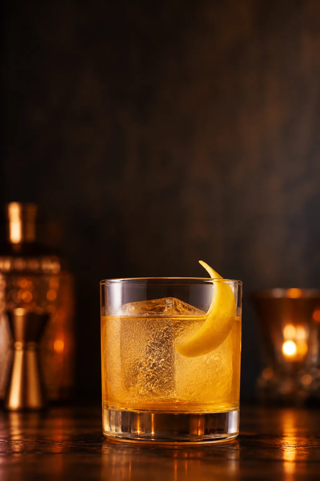 Gold Rush cocktail in a rocks glass over a big ice cube with a lemon twist
