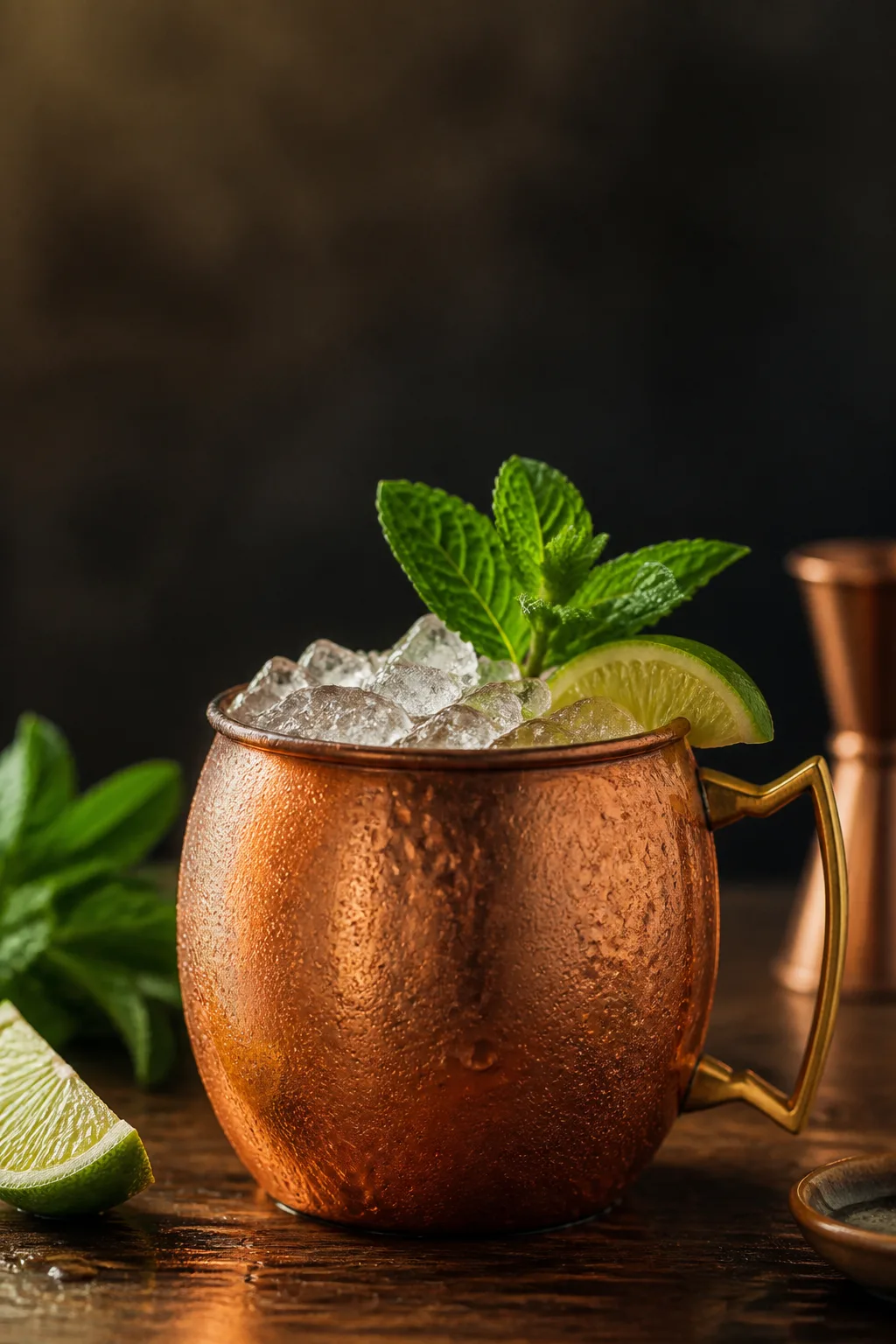 Kentucky mule in a copper mug with crushed ice, lime, and mint