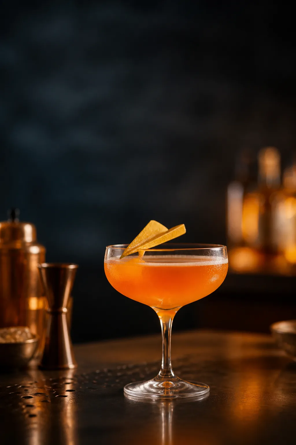 Paper Plane cocktail in a coupe, vivid sunset-orange