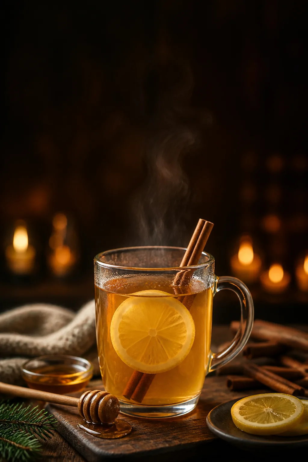 Hot toddy in a clear glass mug, steaming, with a cinnamon stick and lemon