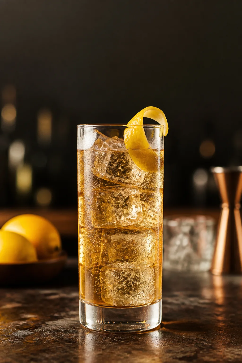 Bourbon highball in a tall glass with clear ice and a lemon twist