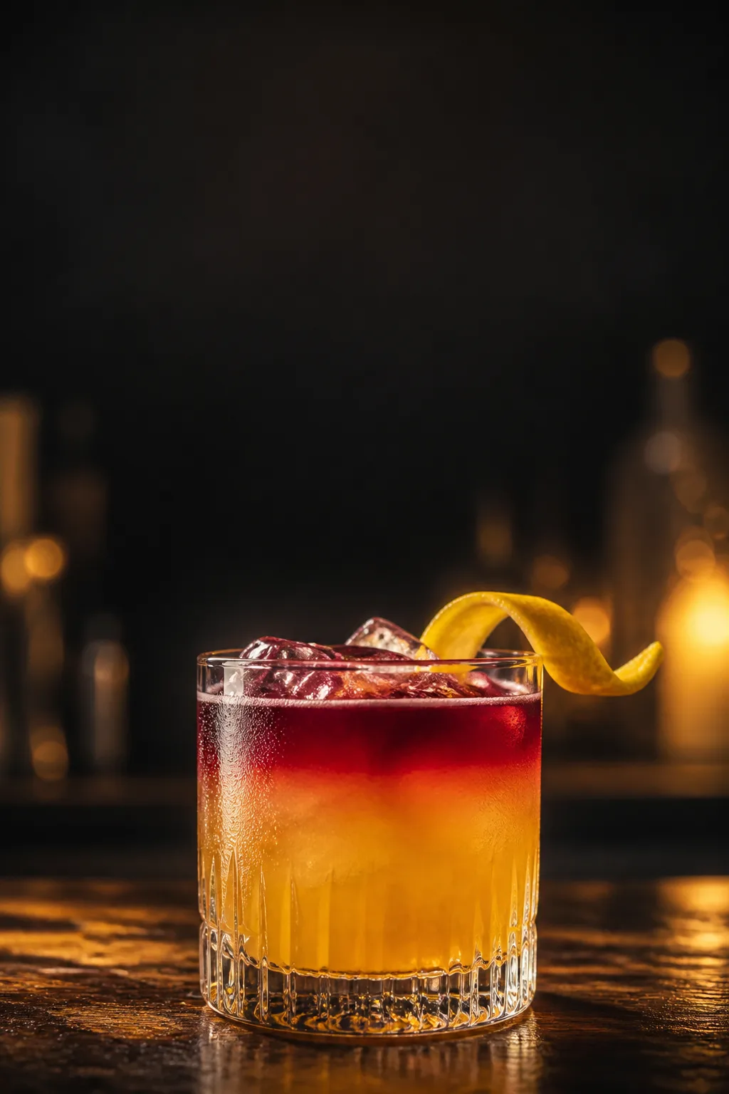 New York Sour in a rocks glass with a floated red-wine layer over golden sour