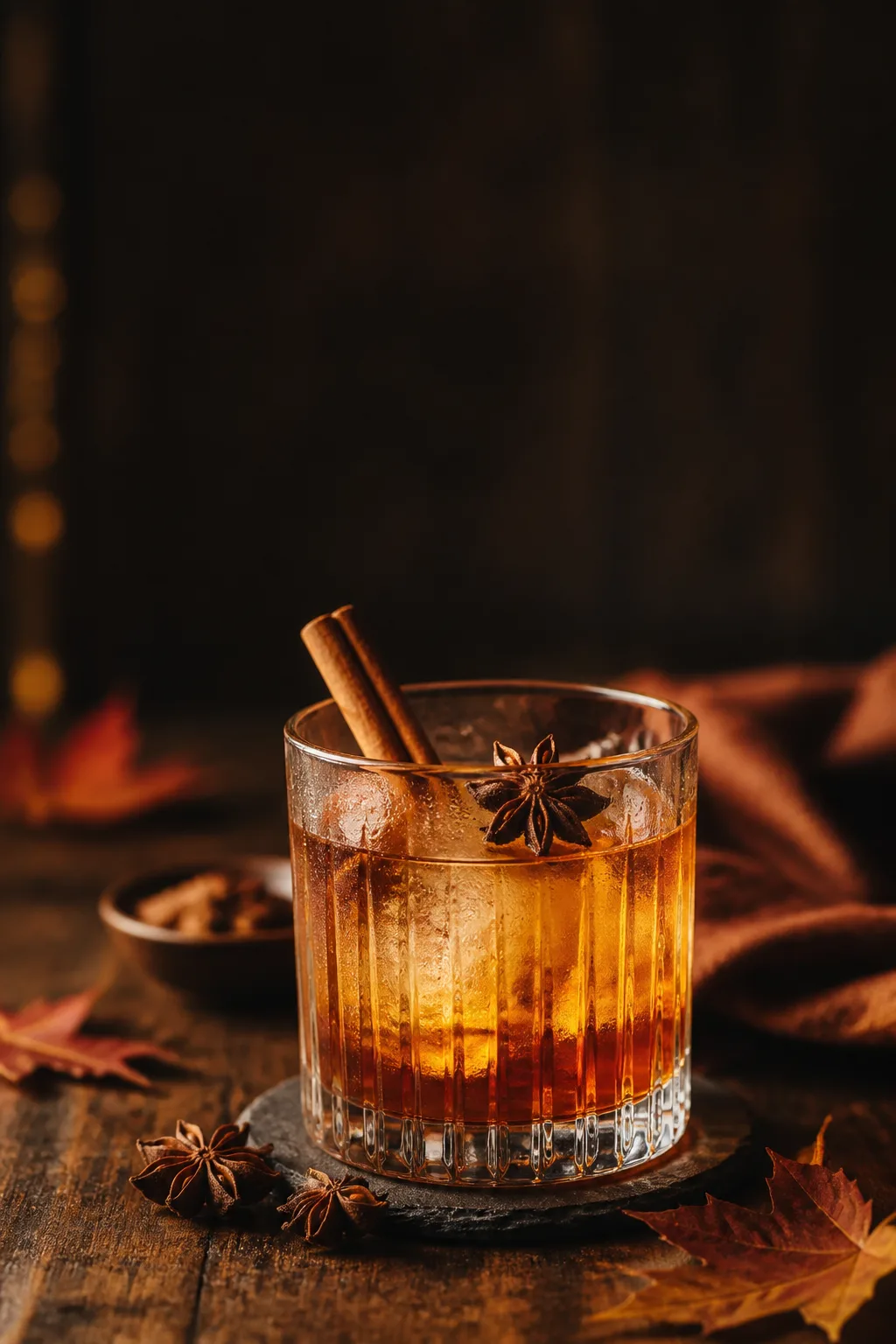 Maple bourbon cocktail in a rocks glass with a cinnamon stick and star anise