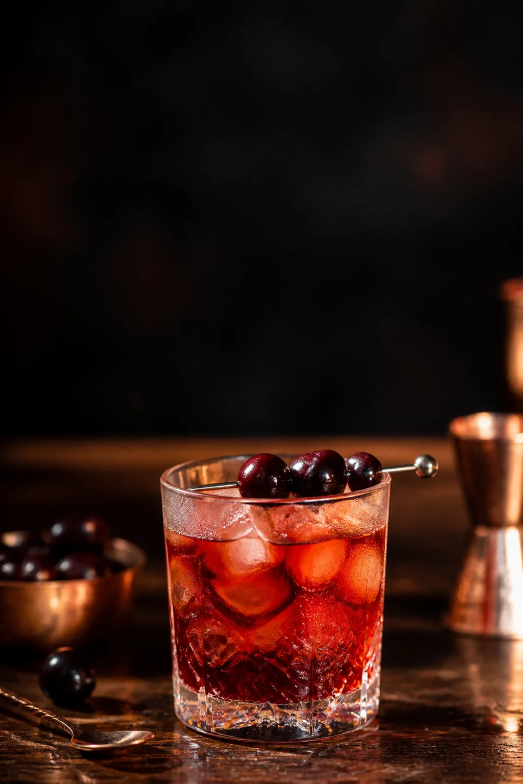 Cherry bourbon cocktail in a rocks glass with brandied cherries and syrup