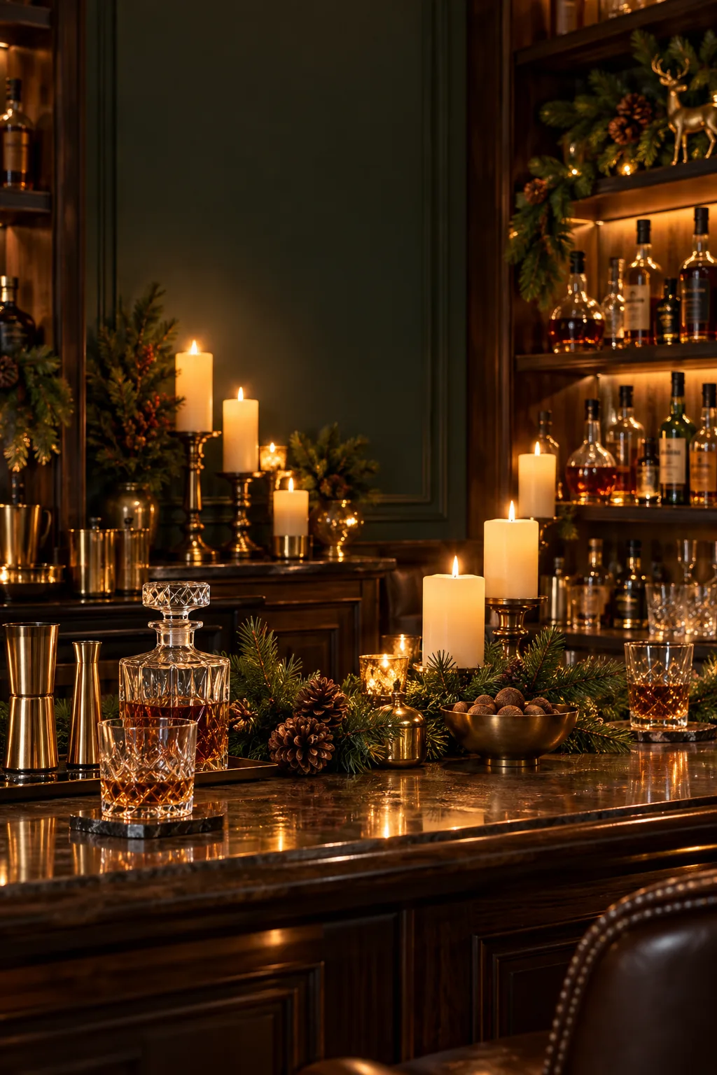 Christmas Bar Decor Idea: home back bar lit by clusters of pillar candles among bottles and pine