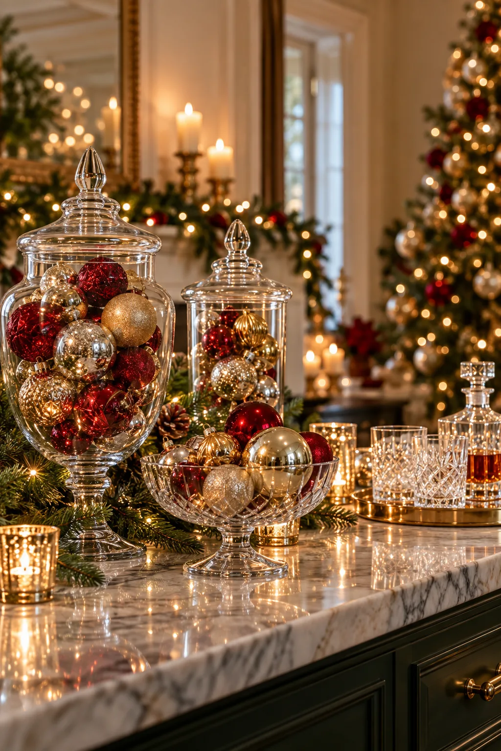 Christmas Bar Decor Idea: glass bowls and apothecary jars filled with gold and red Christmas ornaments on a bar