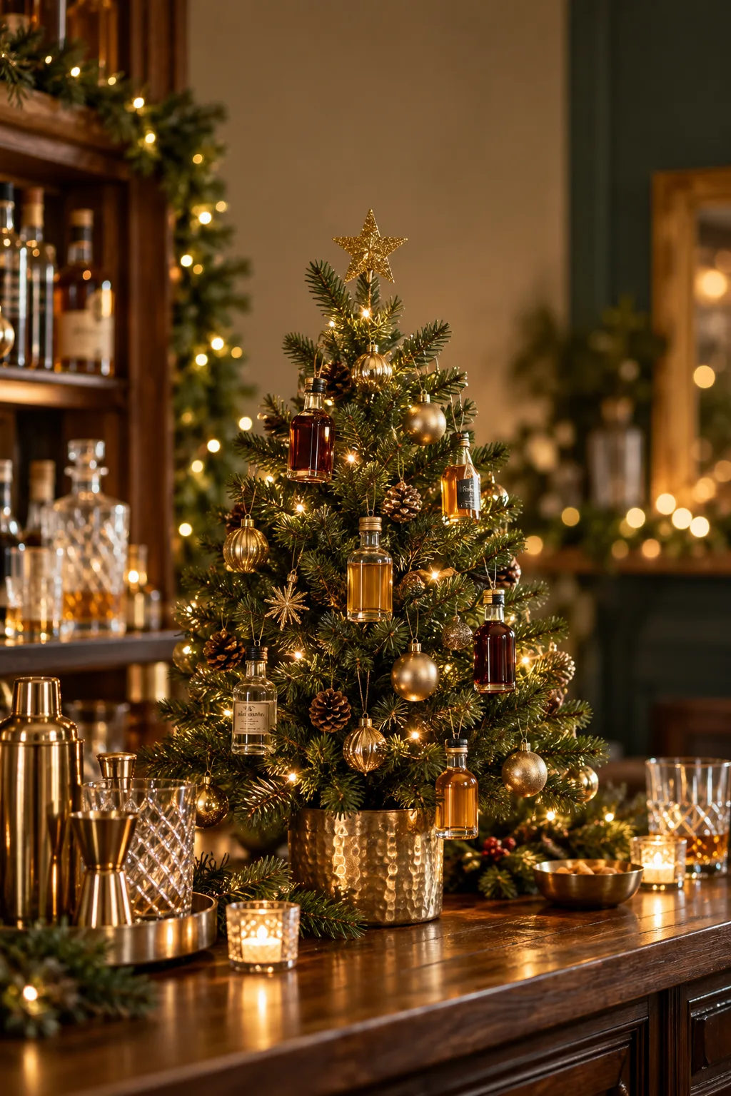 Christmas Bar Decor Idea: tabletop Christmas tree decorated with miniature bottles and tiny ornaments on a bar
