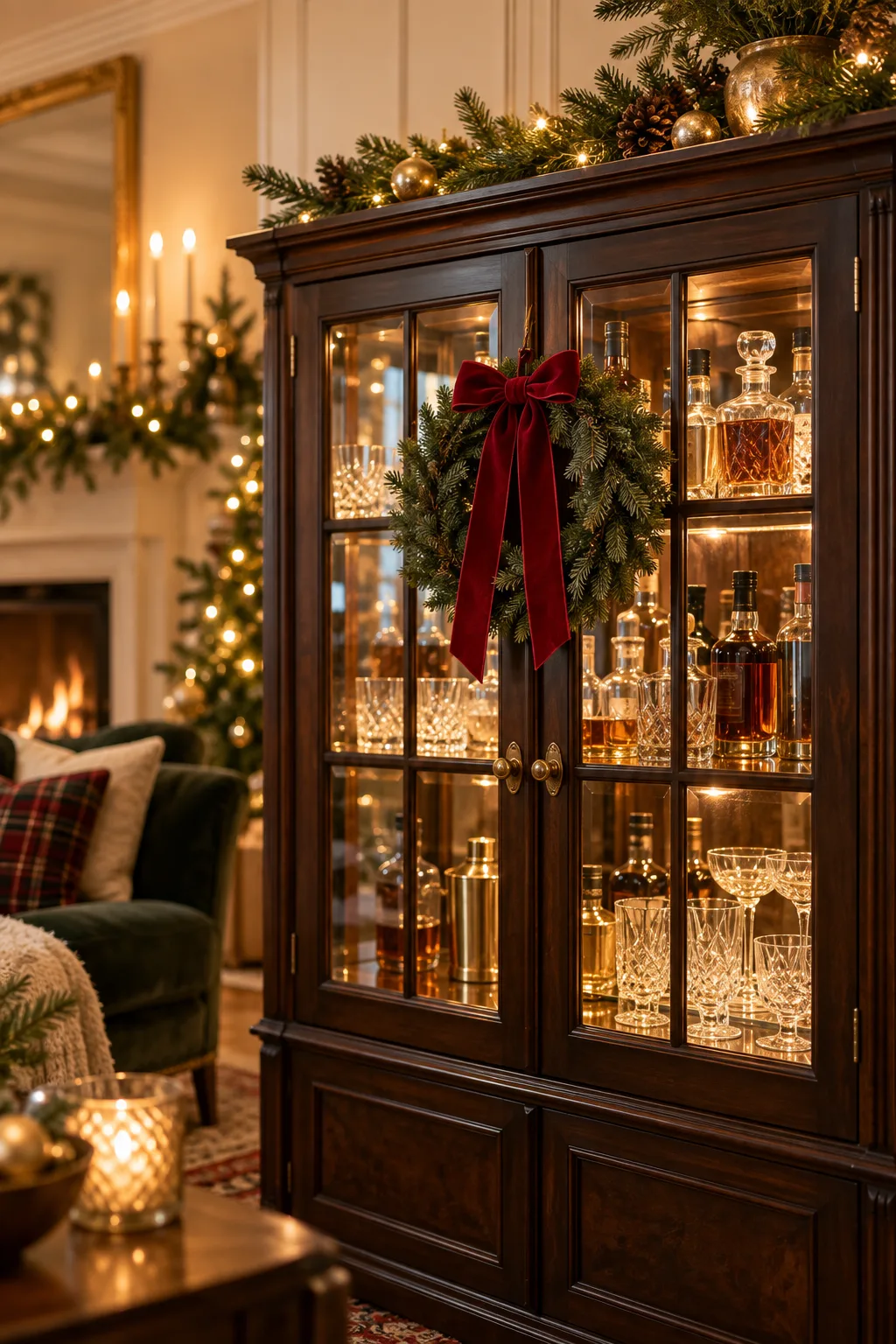 Christmas Bar Decor Idea: small evergreen wreath hung on the glass doors of a home bar cabinet