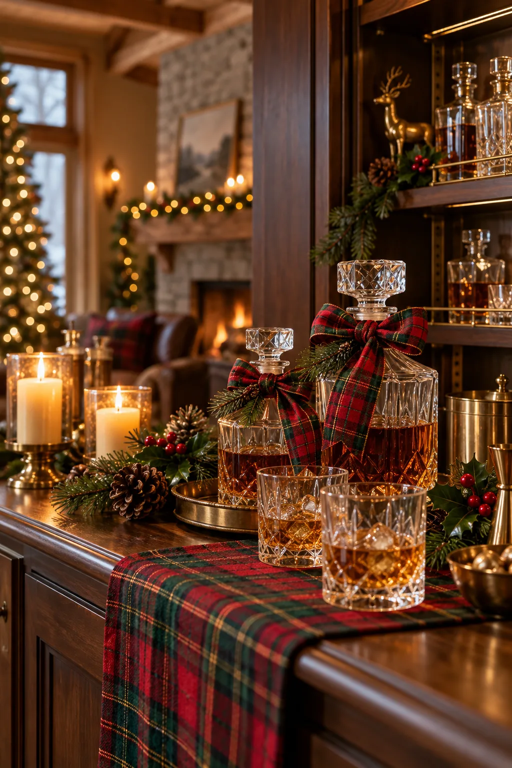 Christmas Bar Decor Idea: home bar decorated with tartan runners, plaid ribbon and whiskey glasses