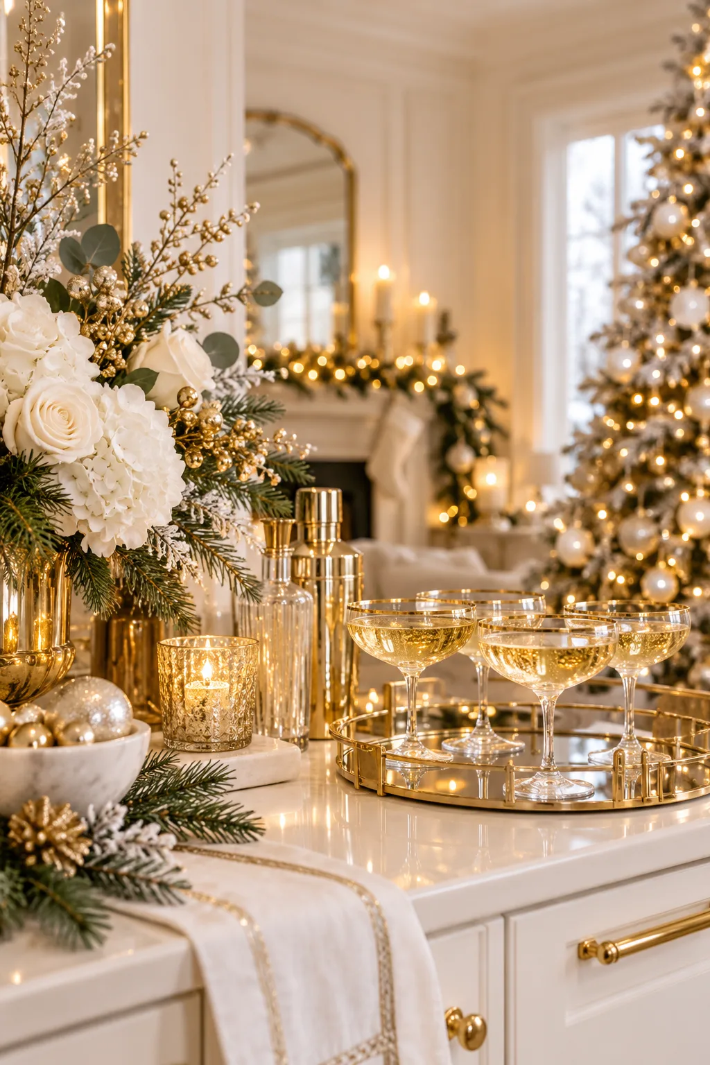 Christmas Bar Decor Idea: glamorous white and gold holiday bar with champagne coupes and white florals