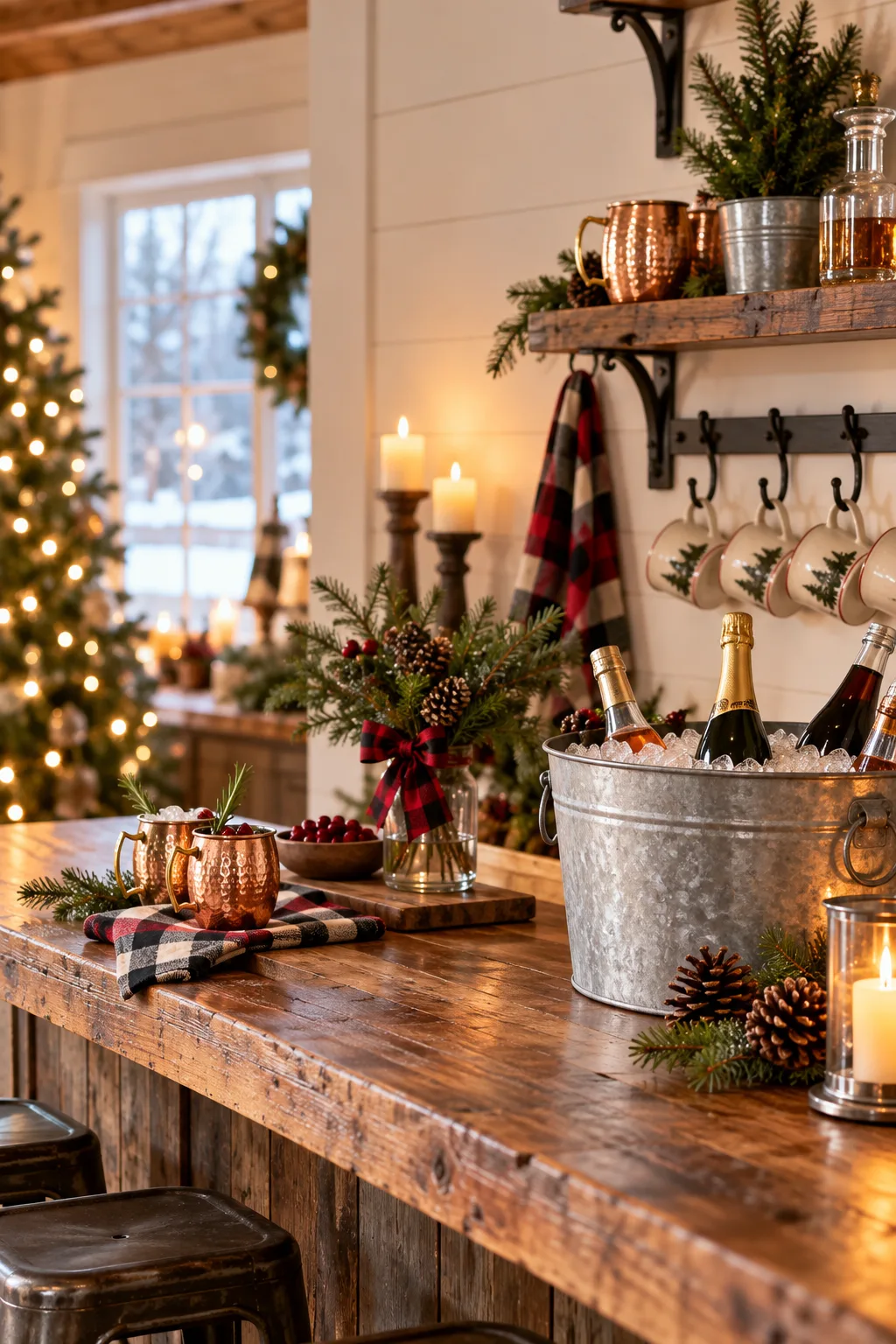 Christmas Bar Decor Idea: rustic farmhouse bar with pinecones, a galvanized bucket and buffalo check