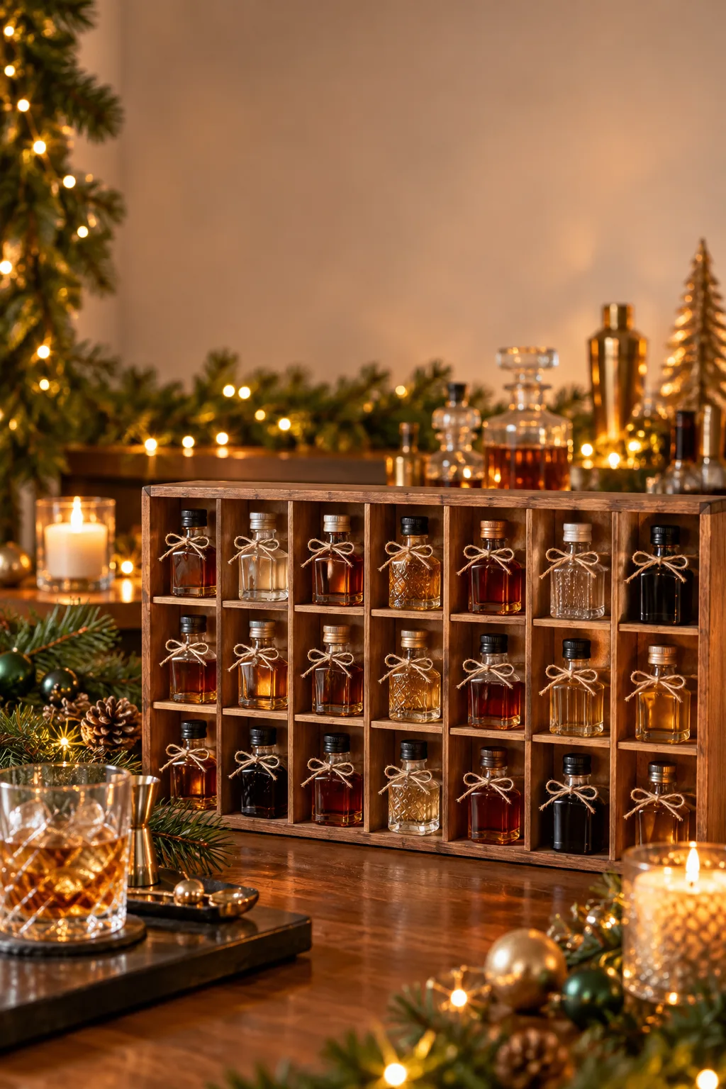 Christmas Bar Decor Idea: wooden advent box with 24 small compartments holding miniature bottles