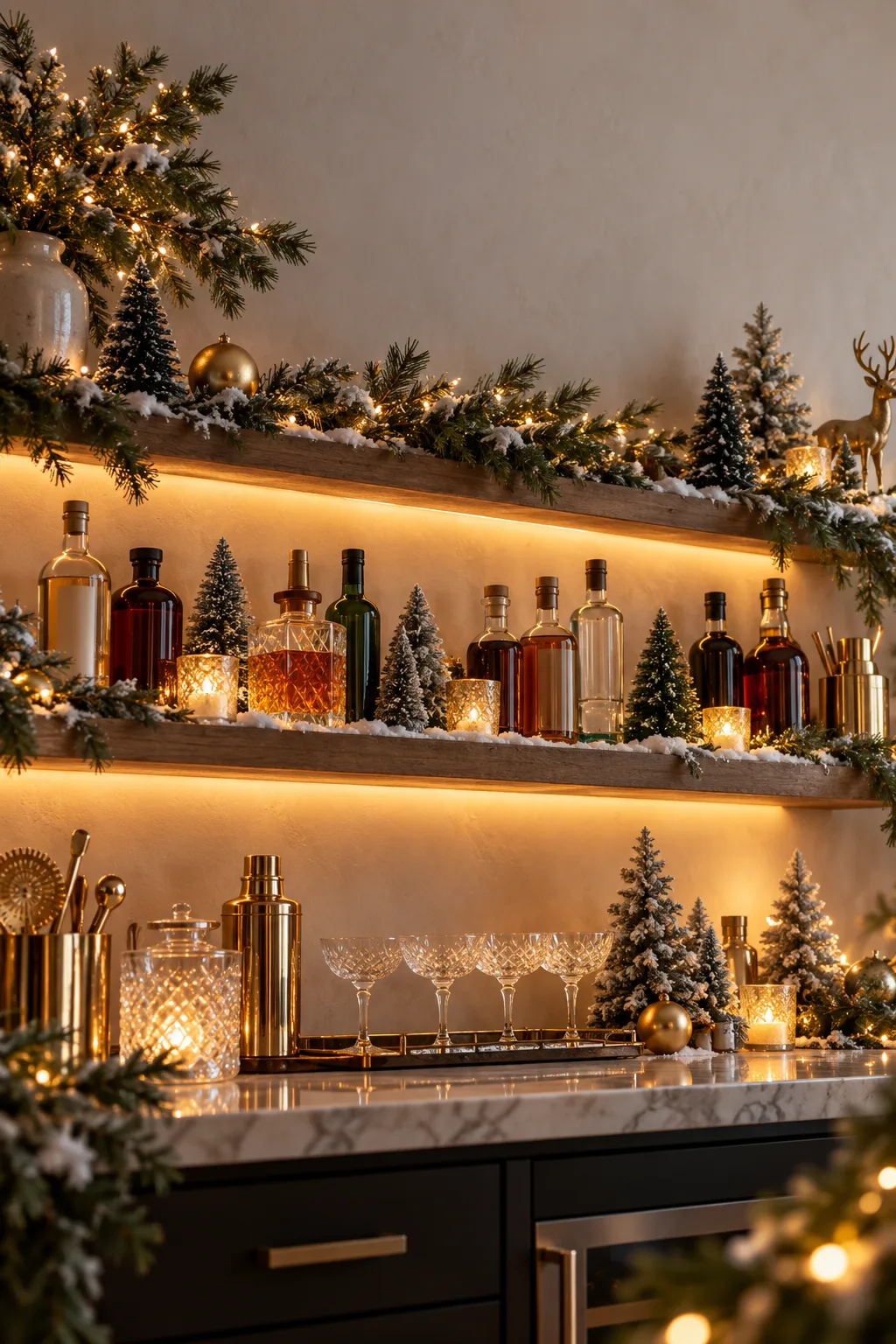 Christmas Bar Decor Idea: open bar shelves dusted with faux snow, bottles and tiny bottle-brush trees