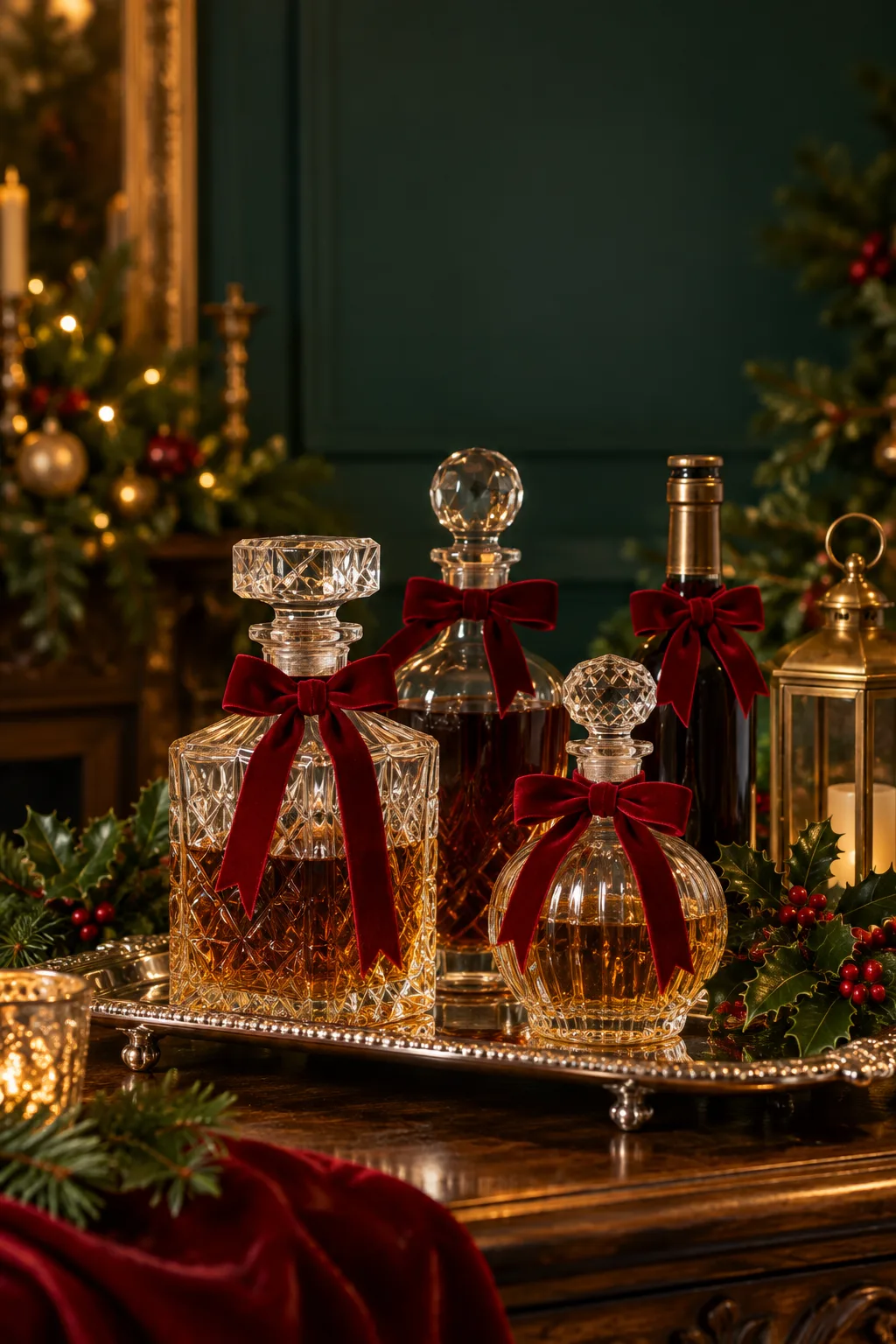 Christmas Bar Decor Idea: decanters tied with red velvet ribbon bows on a silver tray