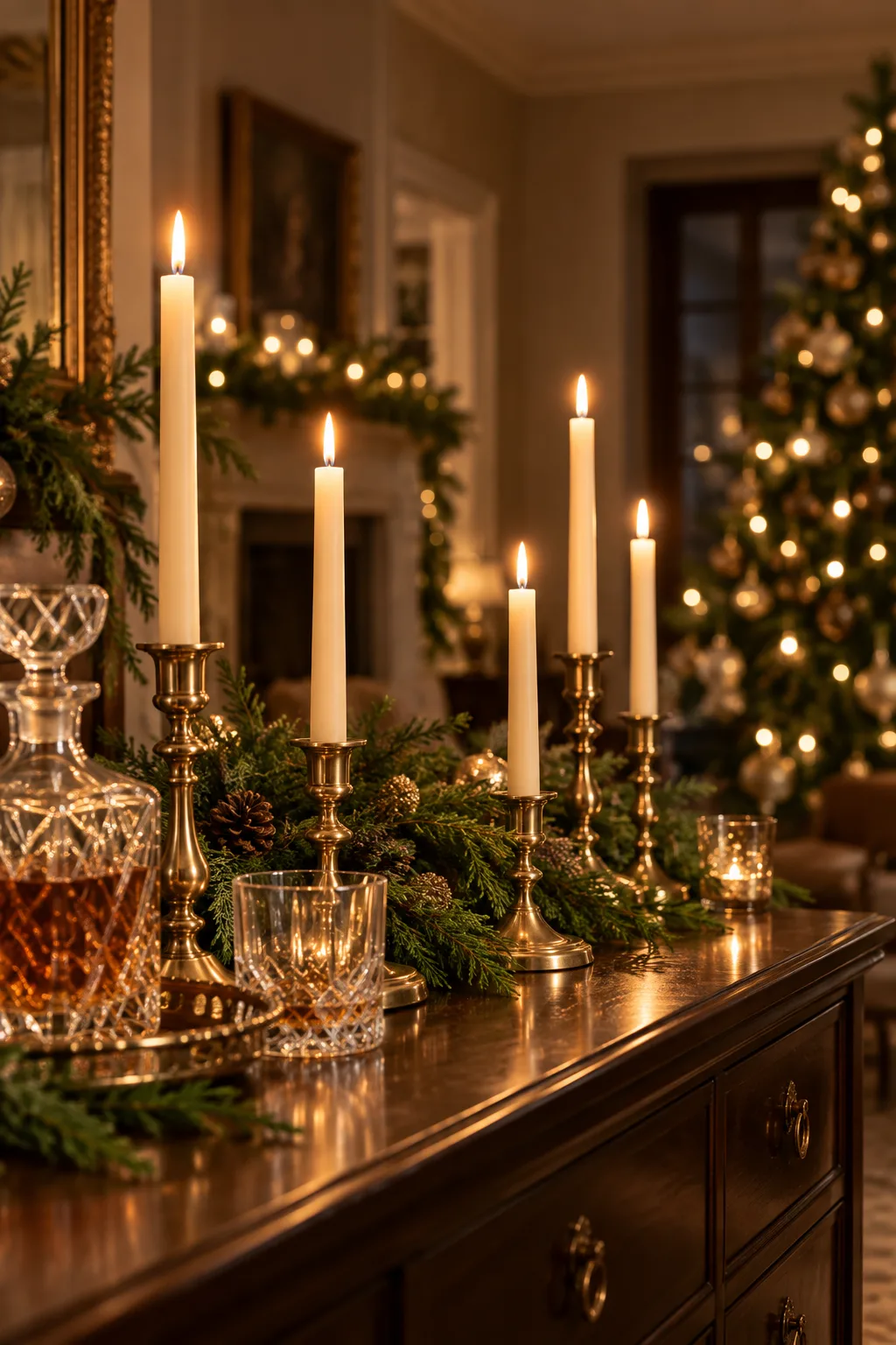 Christmas Bar Decor Idea: brass candlesticks with lit taper candles on a holiday bar with greenery