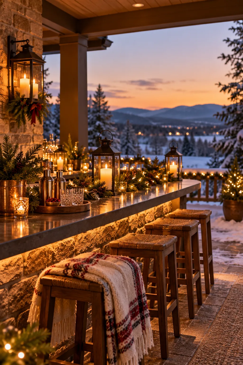 Christmas Bar Decor Idea: porch bar lit by candle lanterns with pine garland and a wool blanket