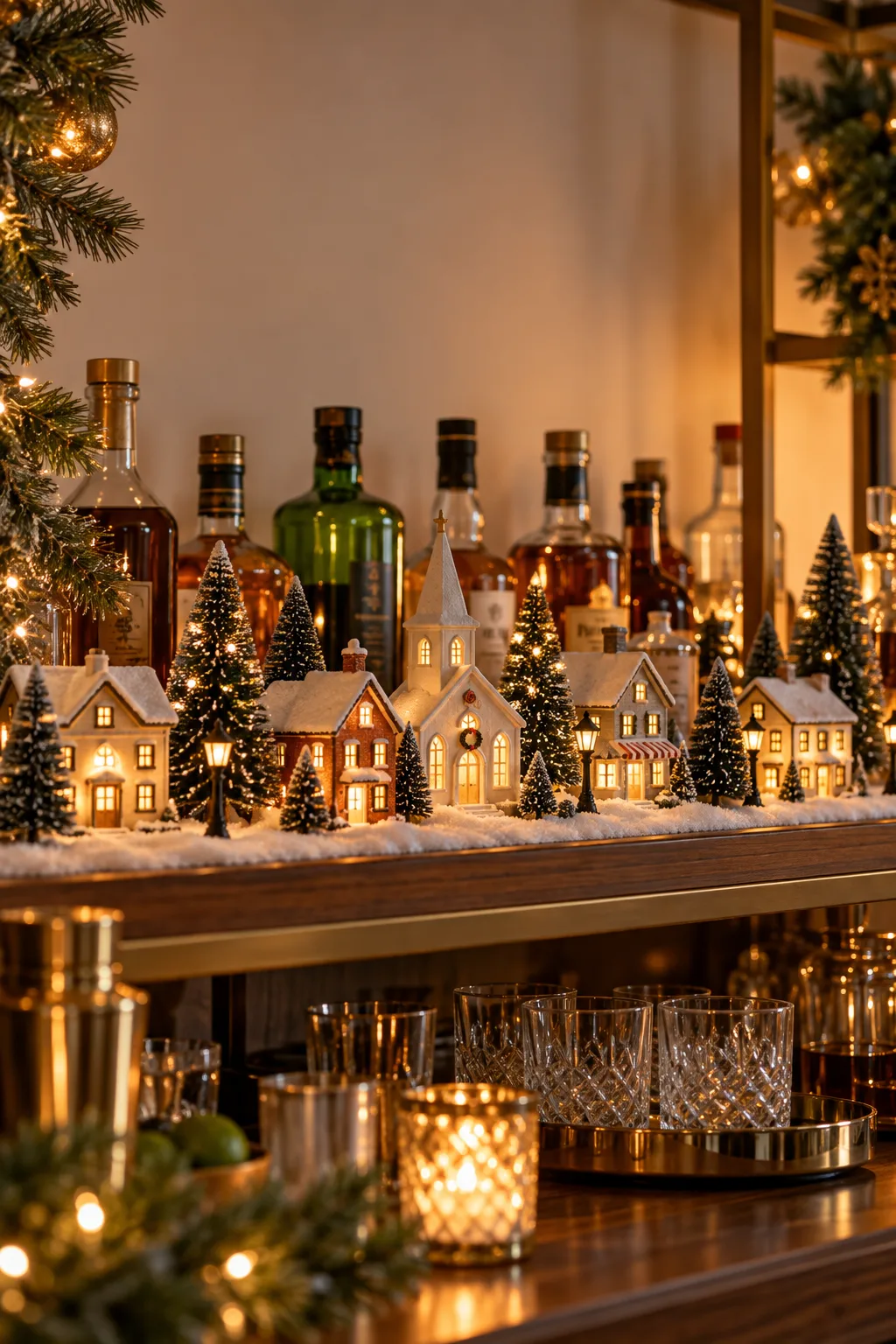 Christmas Bar Decor Idea: miniature Christmas village with tiny lit houses on a back bar shelf