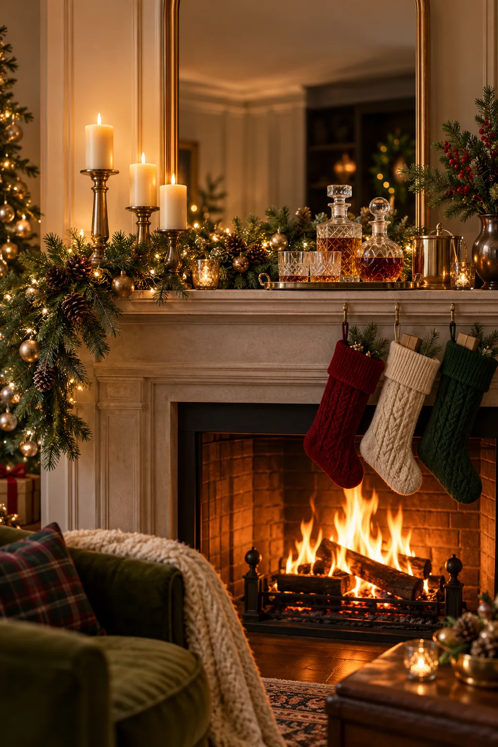Christmas Bar Decor Idea: fireplace mantel set up as a holiday bar with decanters, stockings and garland