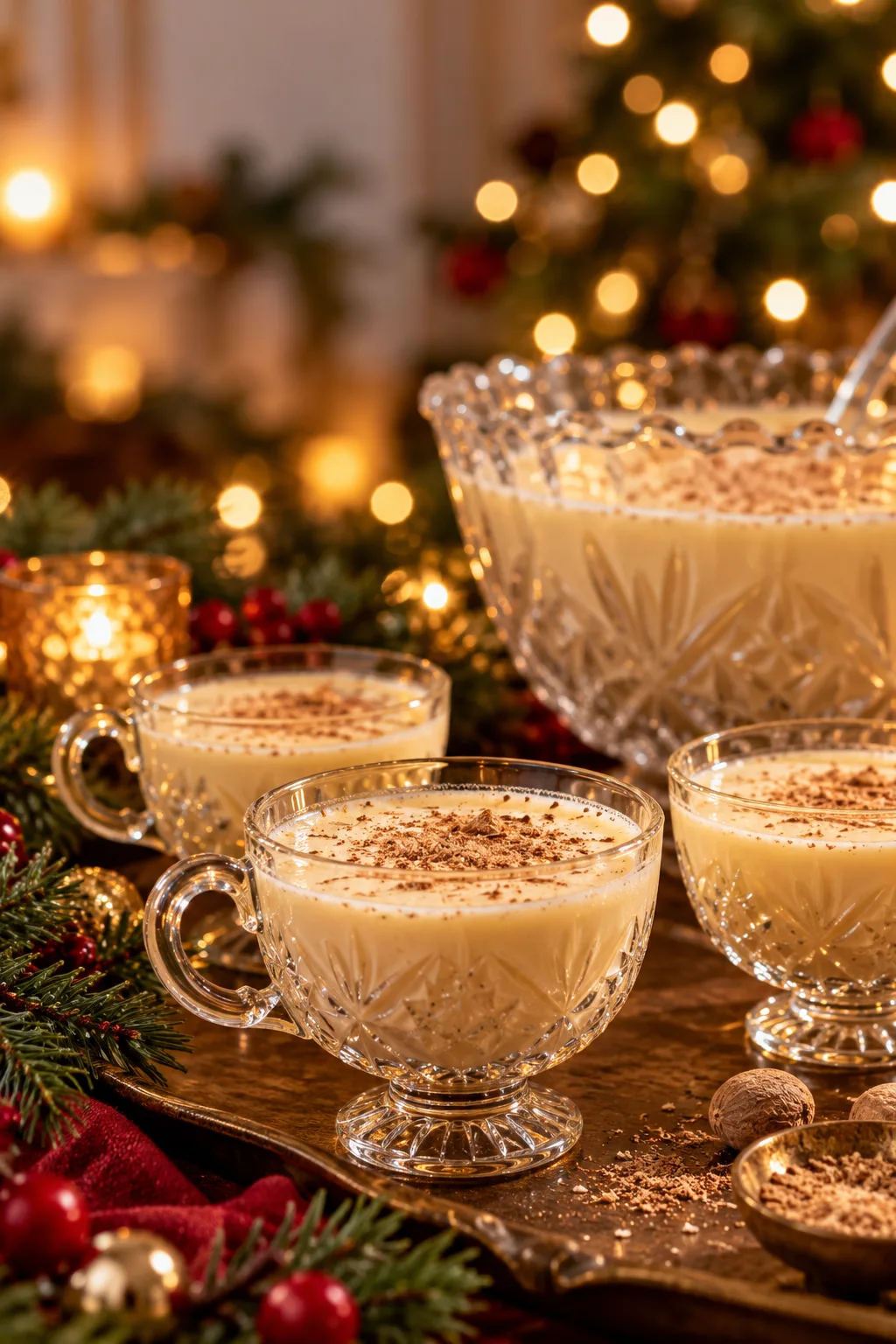 Christmas Cocktail: bourbon eggnog in a vintage punch cup with grated nutmeg beside a Christmas tree
