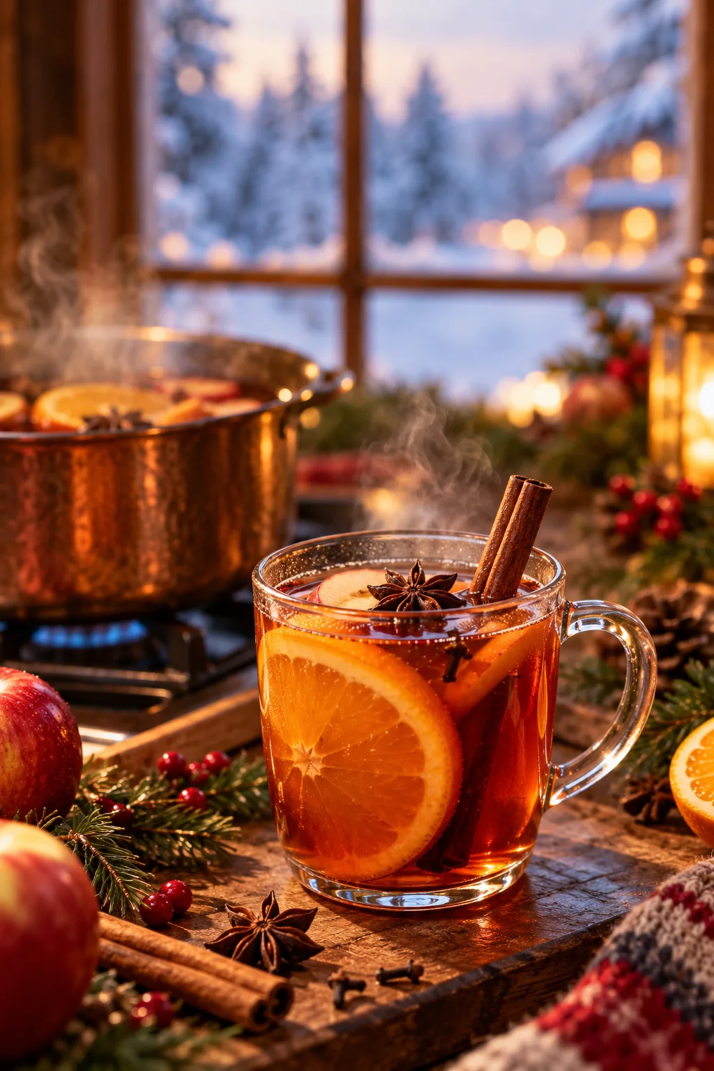 Christmas Cocktail: steaming mulled cider with rum in a glass mug with orange slices and star anise