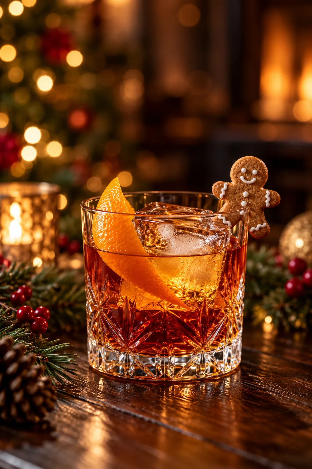 Christmas Cocktail: gingerbread old fashioned with a mini gingerbread cookie on the rim