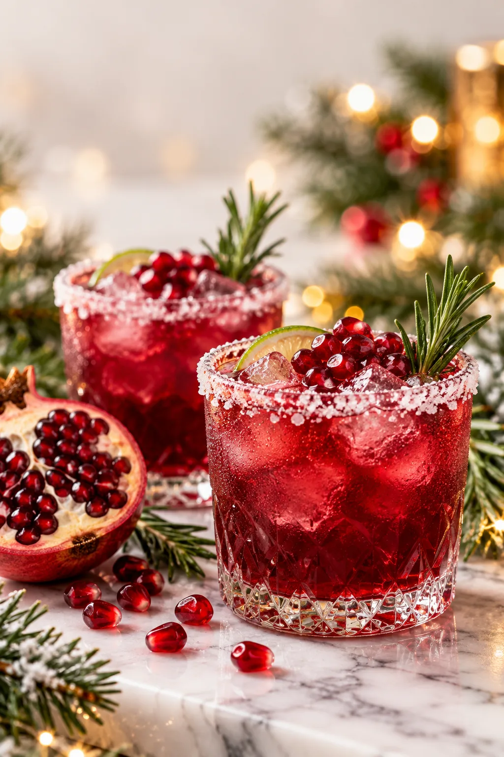 Christmas Cocktail: pomegranate margaritas with sugared rims, pomegranate seeds and rosemary