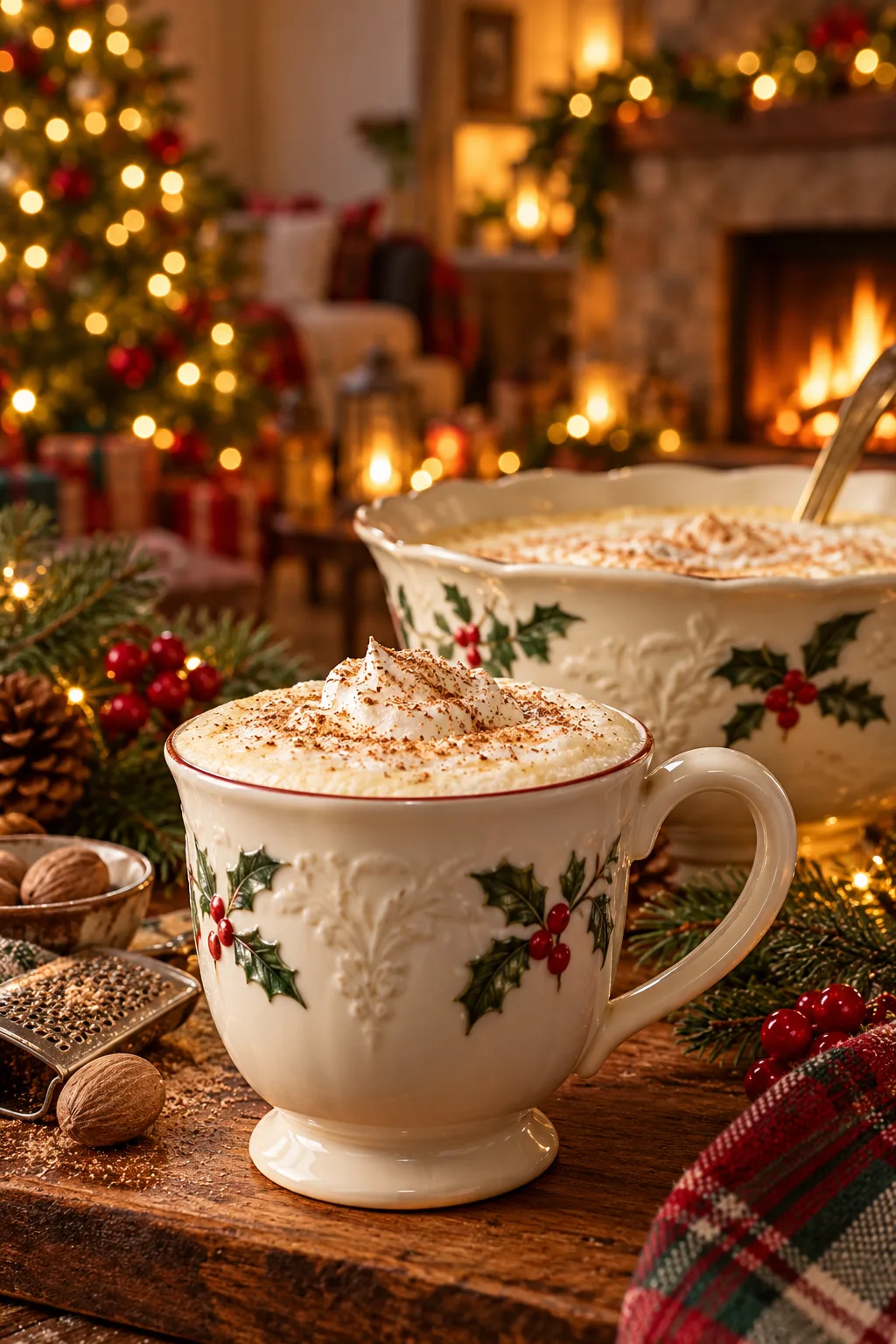 Christmas Cocktail: tom and Jerry holiday cocktail in a vintage mug with foam and nutmeg