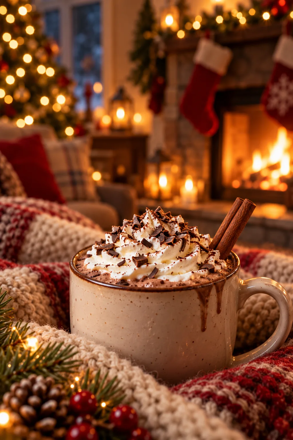 Christmas Cocktail: spiked hot chocolate with whipped cream and chocolate shavings by a fireplace