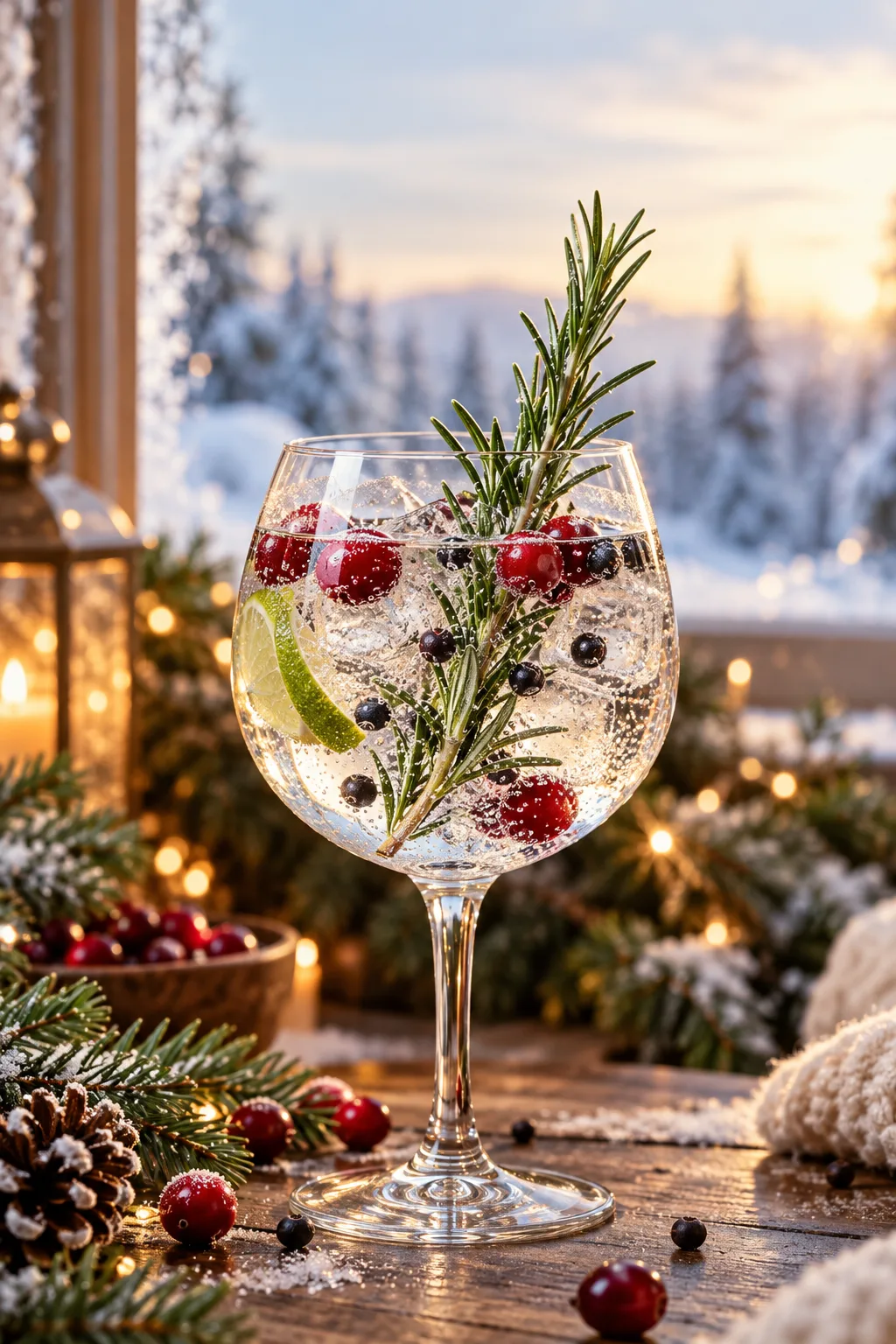 Christmas Cocktail: gin and tonic in a balloon glass with rosemary, cranberries and juniper