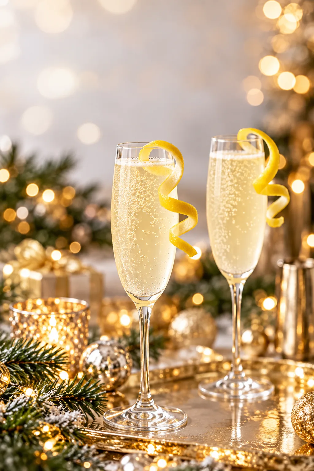Christmas Cocktail: french 75 cocktails in champagne flutes with long lemon twists