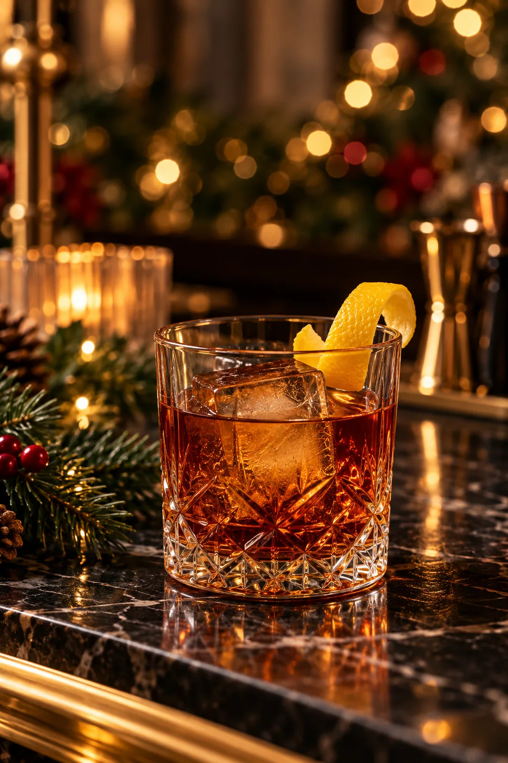 Christmas Cocktail: vieux Carre cocktail in a rocks glass with a lemon twist on a dark bar