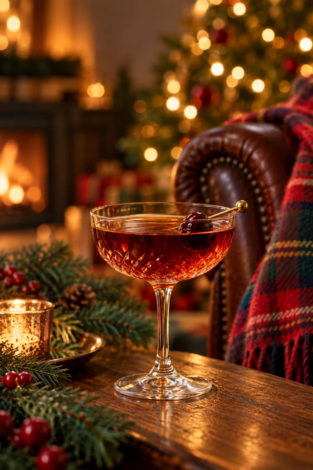 Christmas Cocktail: rob Roy cocktail in a coupe with a cherry beside a tartan blanket