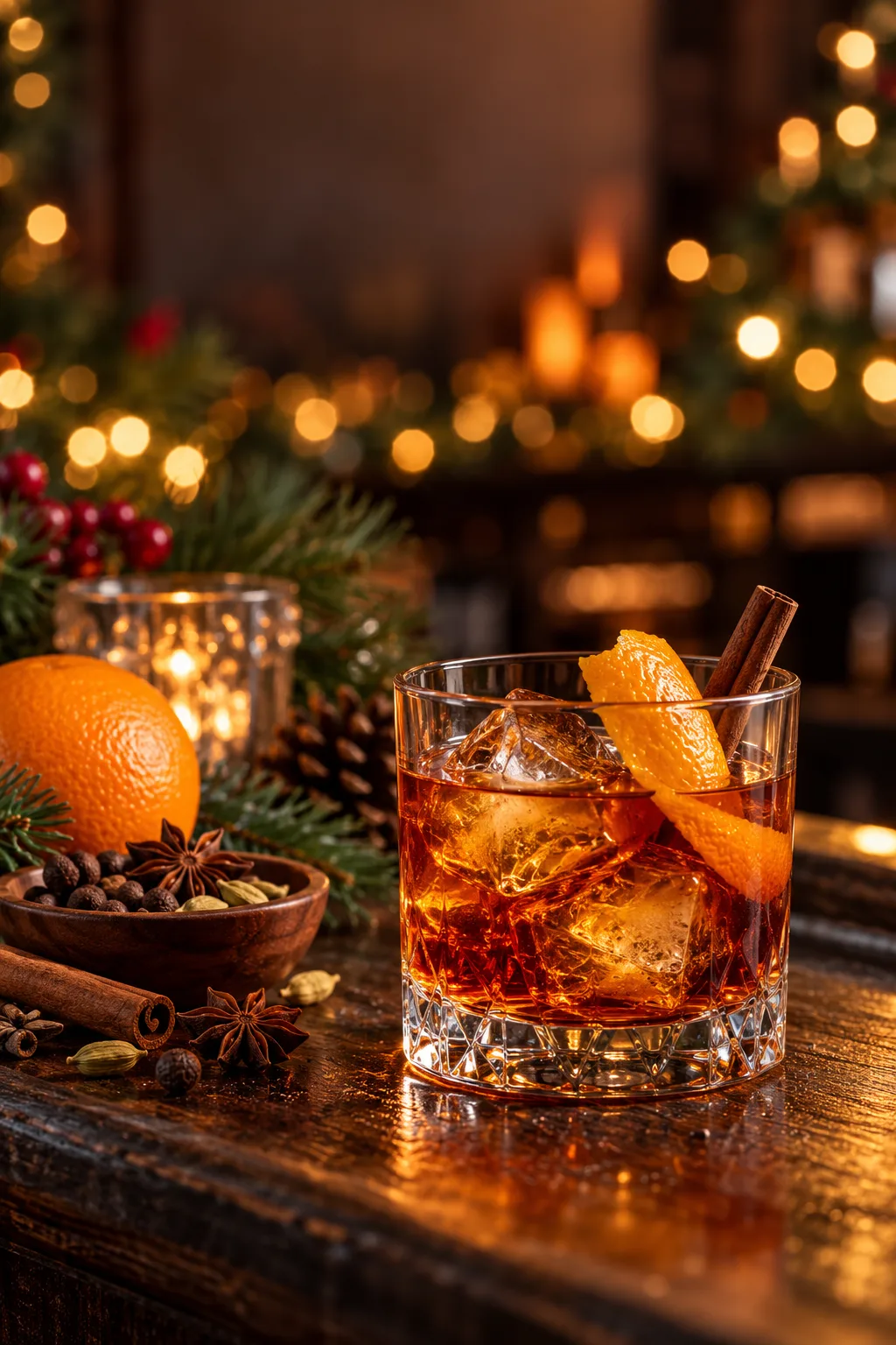 Christmas Cocktail: aged rum old fashioned with an orange peel and a cinnamon stick