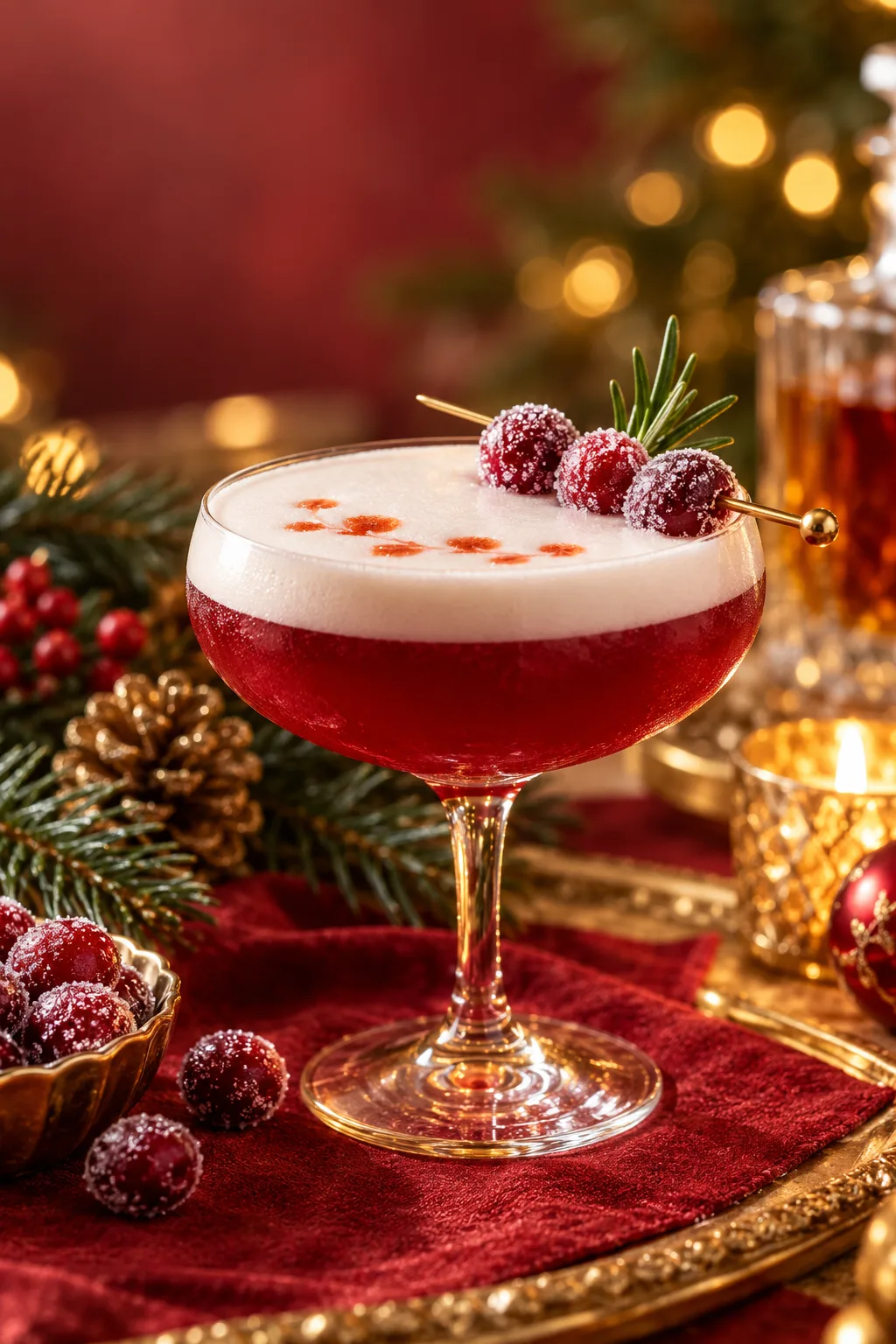 Christmas Cocktail: cranberry whiskey sour with a thick foam top and bitters drops