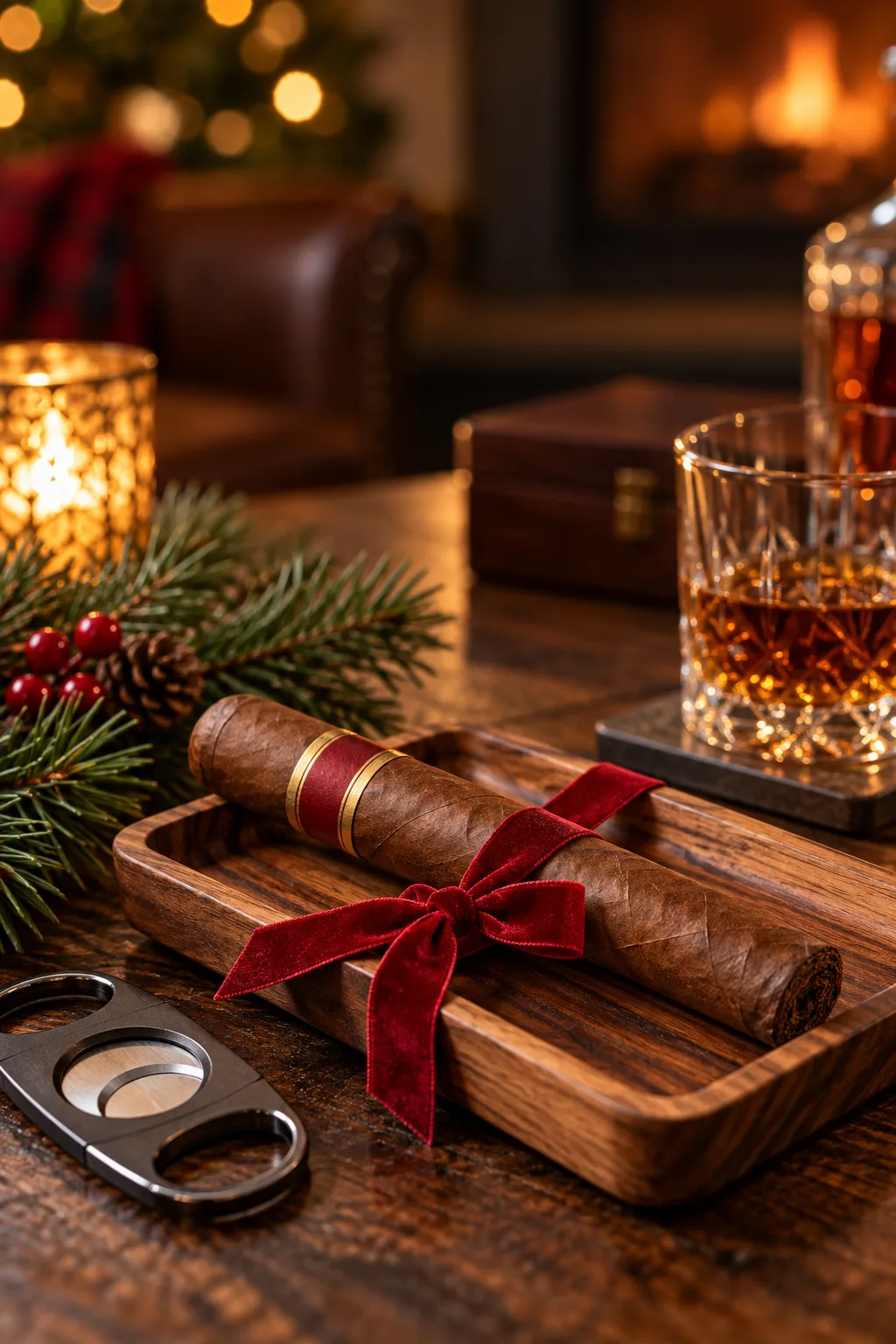 Cigar Gift for Him: toro cigar on a wooden tray with a ribbon and a cutter