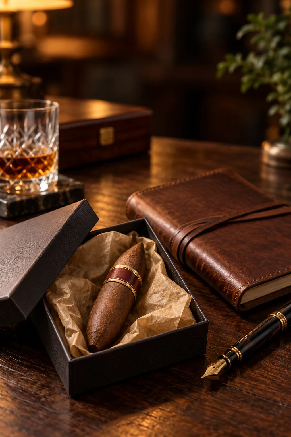Cigar Gift for Him: short perfecto cigar in a small gift box on a desk