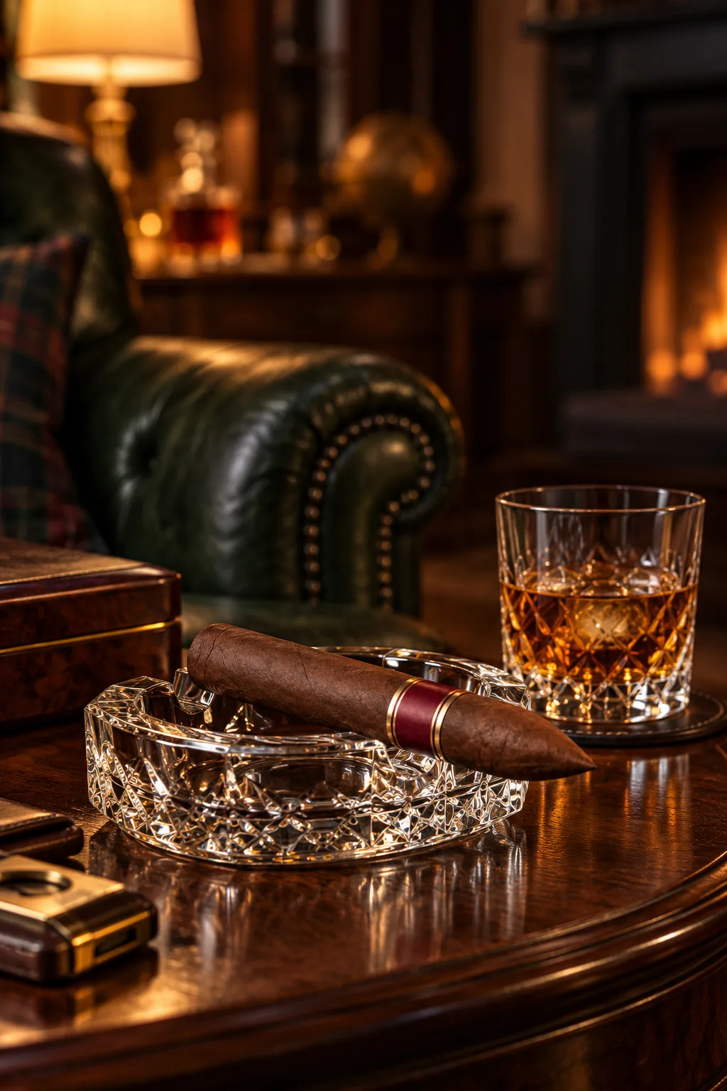 Cigar Gift for Him: figurado cigar on a crystal ashtray beside a whiskey glass