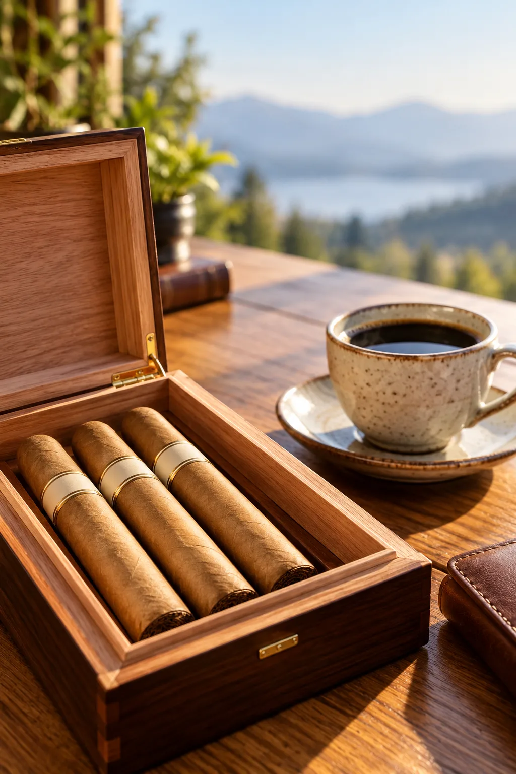 Cigar Gift for Him: light Connecticut-wrapper cigars in a cedar box with a coffee cup