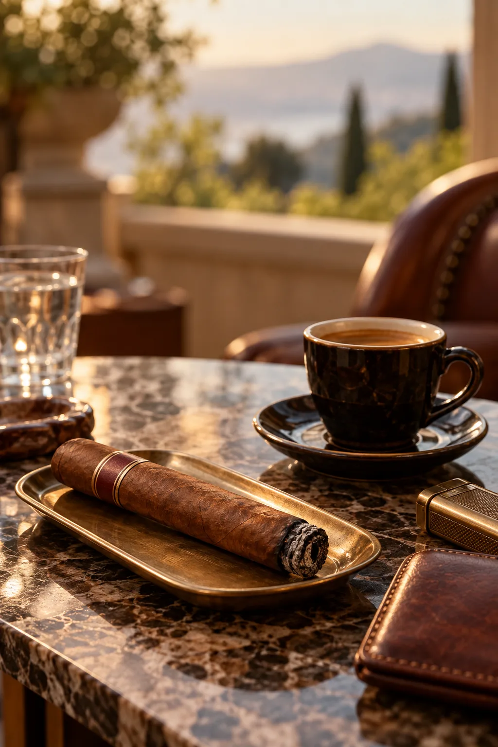Cigar Gift for Him: box-pressed cigar on a tray next to an espresso cup